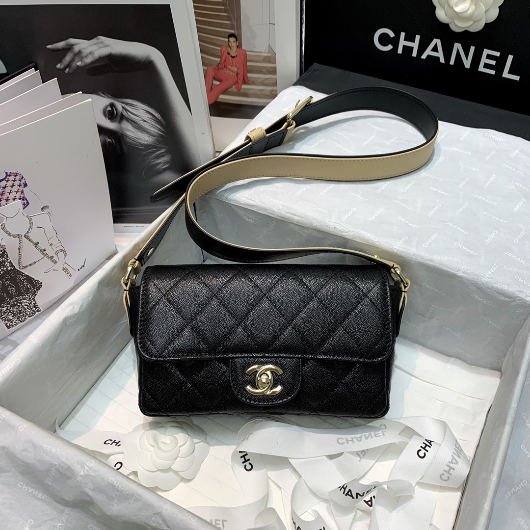 Ch**el calfskin flap bag black as2273 20cm