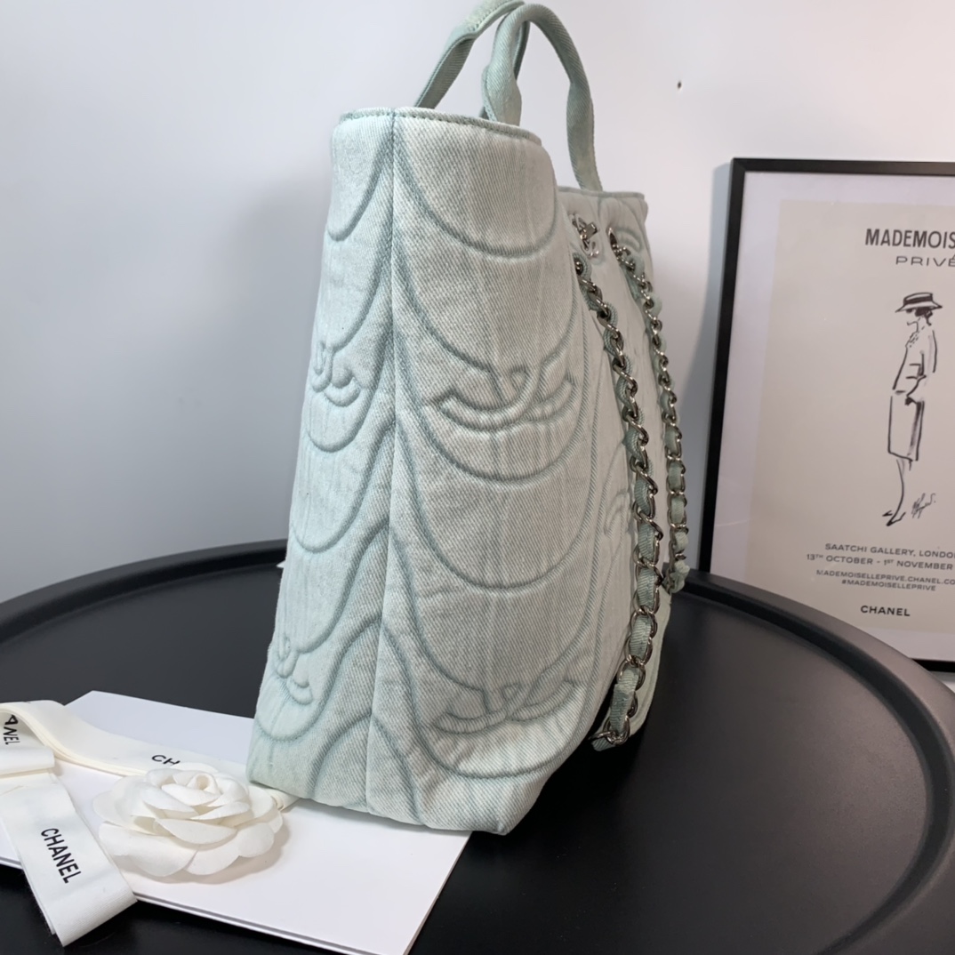 Ch**el washed denim cc wave shopping bag light green 2021 30 cm