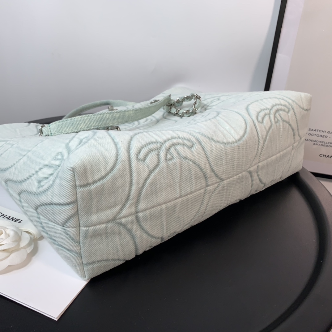 Ch**el washed denim cc wave shopping bag light green 2021 30 cm