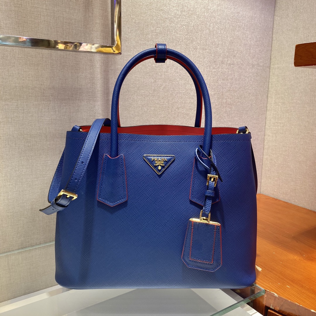 Pra*a medium saffiano leather double Pra*a bag blue 1bg775 33 x 24.5 x 14 cm
