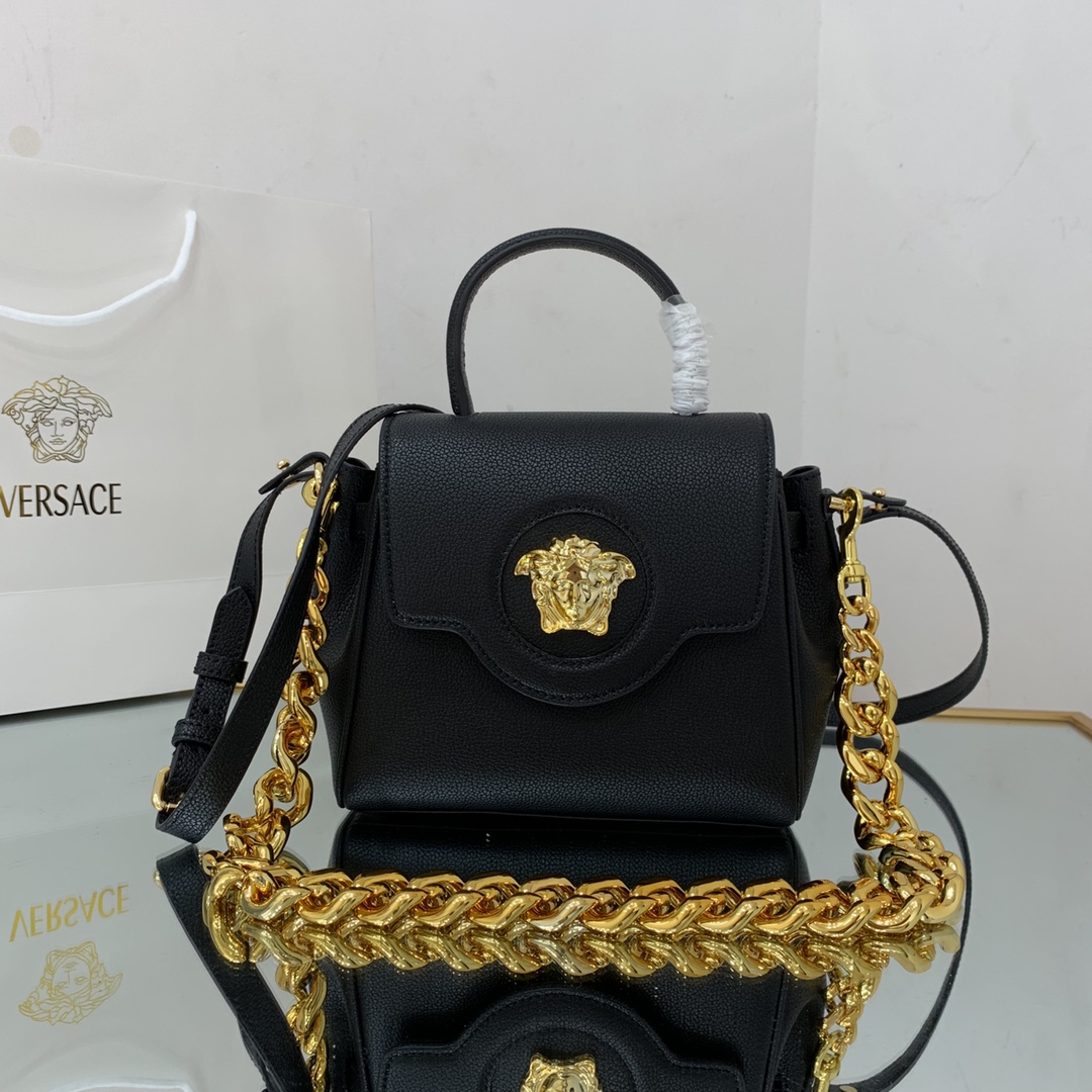 VERSACE SMALL LA MEDUSA HANDBAG Golden Metal Black DBFI040 20 x 10 x 17 cm