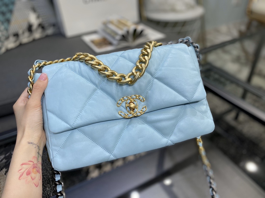 Ch**el large 19 handbag lambskin blue as1161 30cm