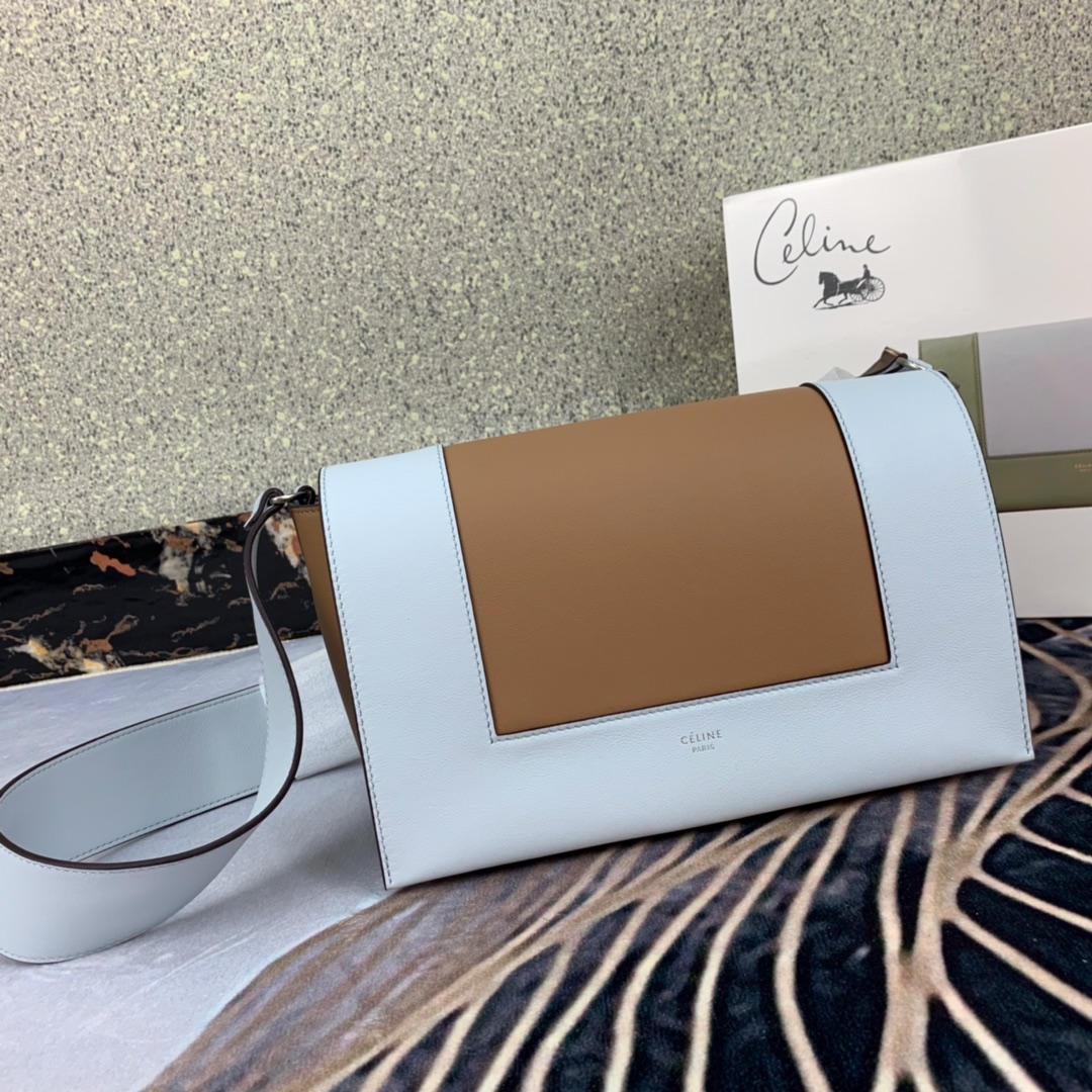 Ce1i*e medium frame bag in shiny smooth calfskin light blue and brown 180263 25 x 17 x 8.5 cm