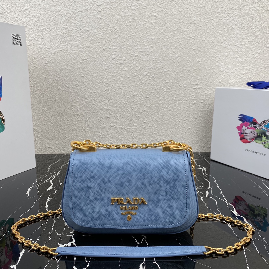 Pra*a saffiano leather shoulder bag golden metal blue 1bd275 22 x 14 x 6.5 cm