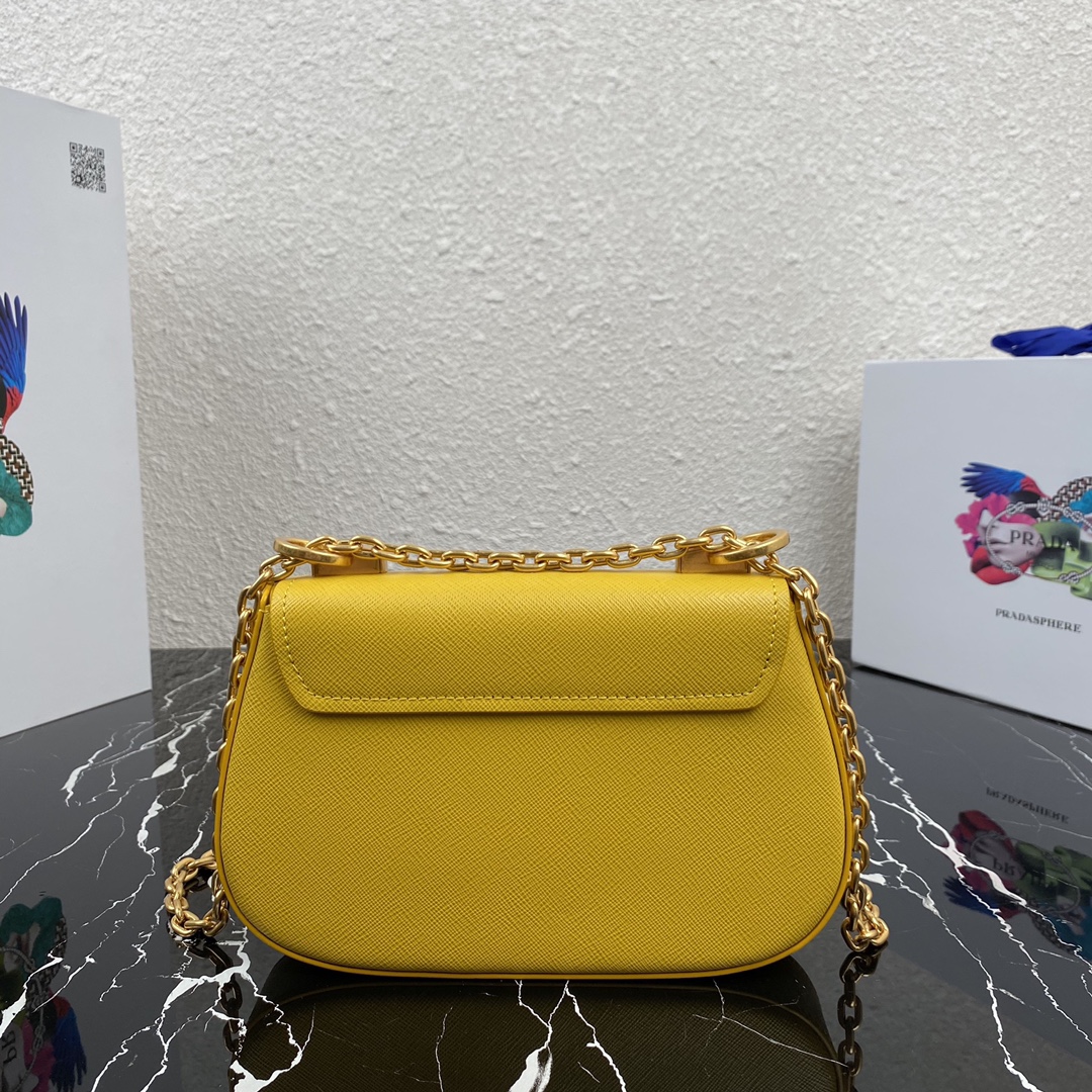 Pra*a saffiano leather shoulder bag golden metal yellow 1bd275 22 x 14 x 6.5 cm