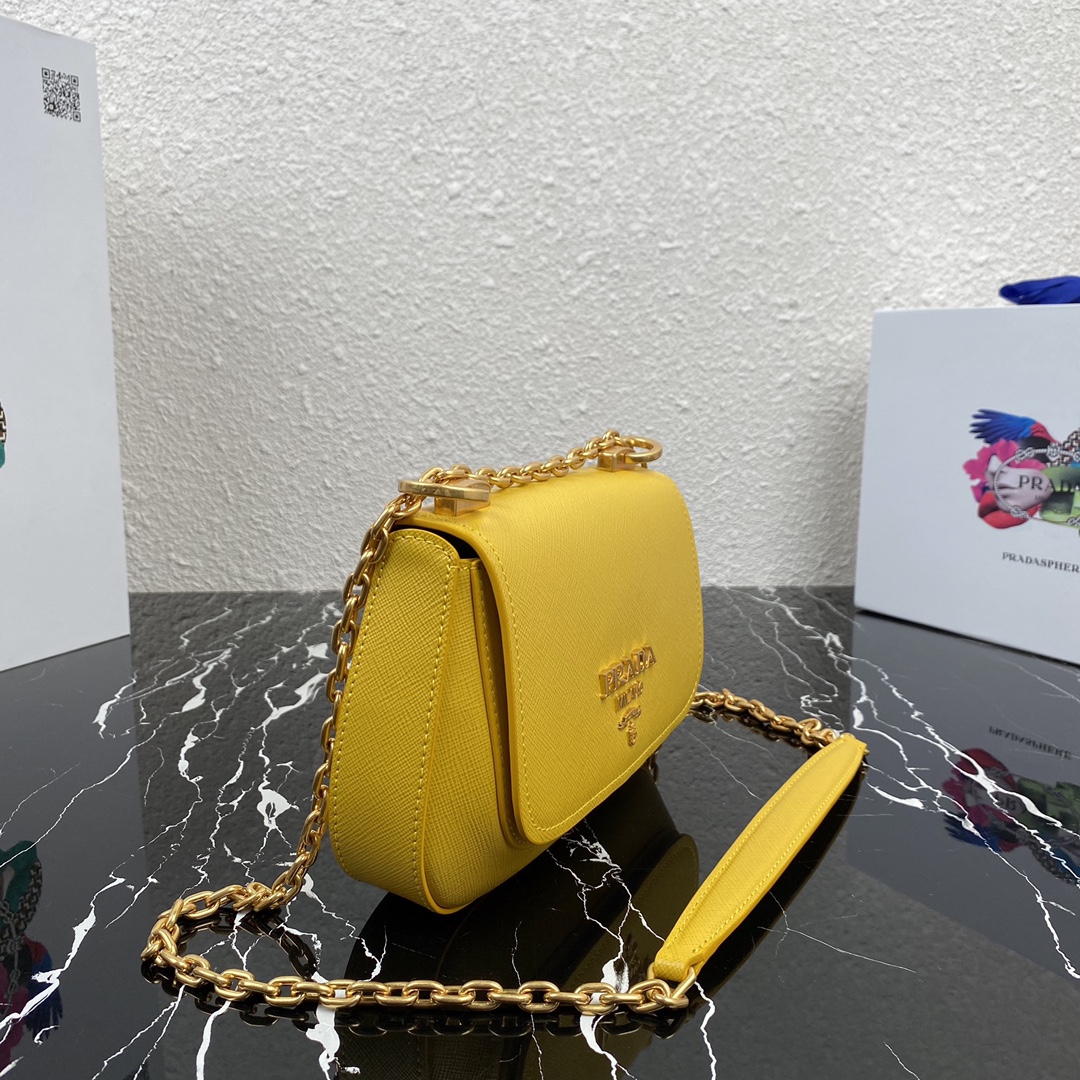 Pra*a saffiano leather shoulder bag golden metal yellow 1bd275 22 x 14 x 6.5 cm