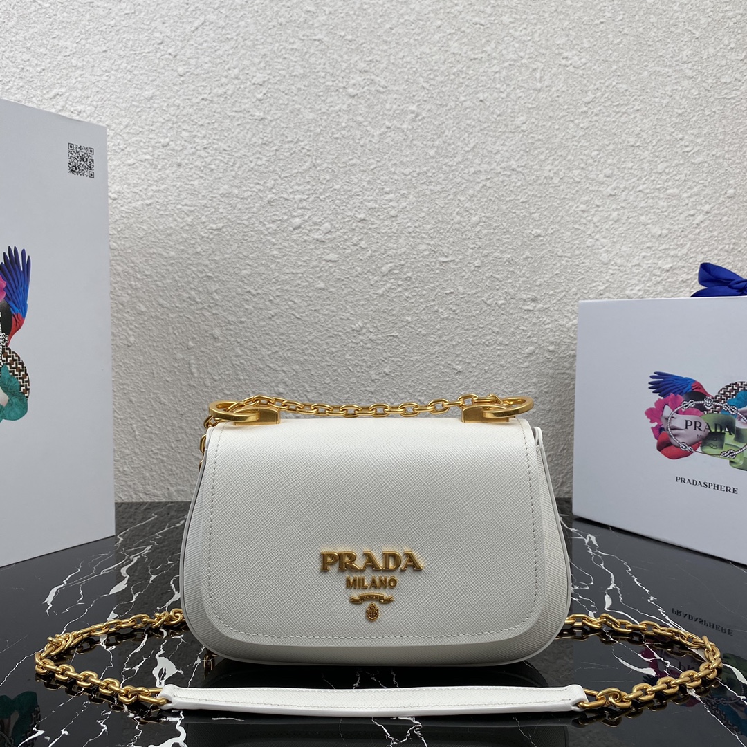 Pra*a saffiano leather shoulder bag golden metal white 1bd275 22 x 14 x 6.5 cm