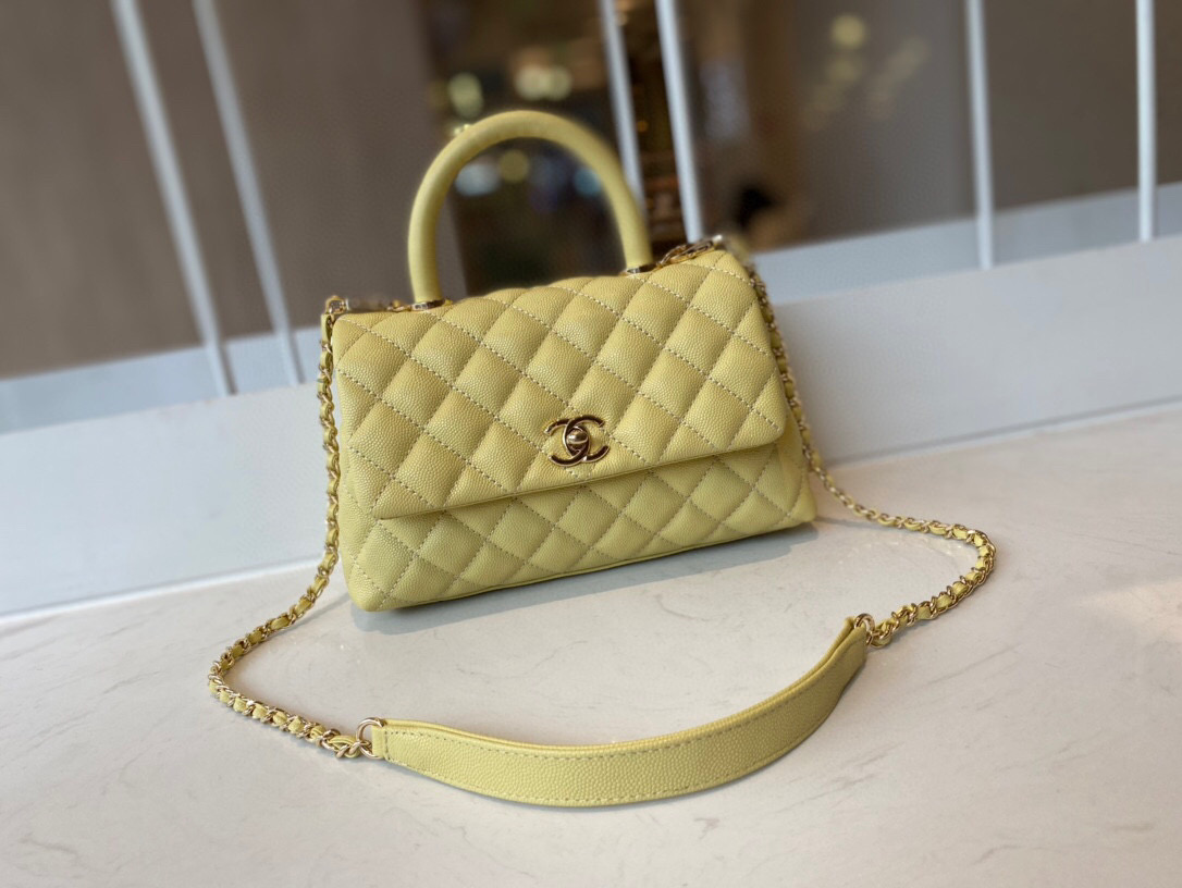 Ch**el mini coco handle bag grained leather yellow a92990 23 cm