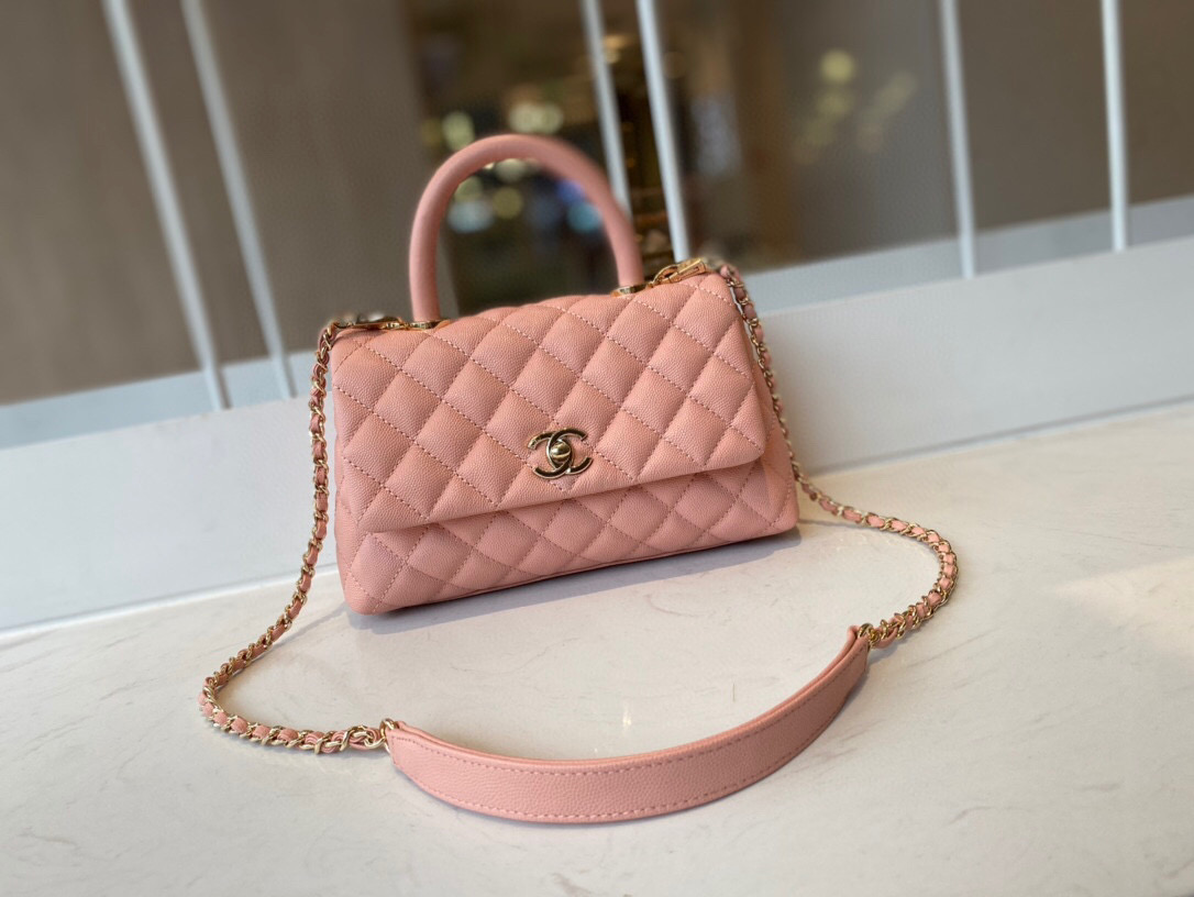 Ch**el mini coco handle bag grained leather pink a92990 23 cm