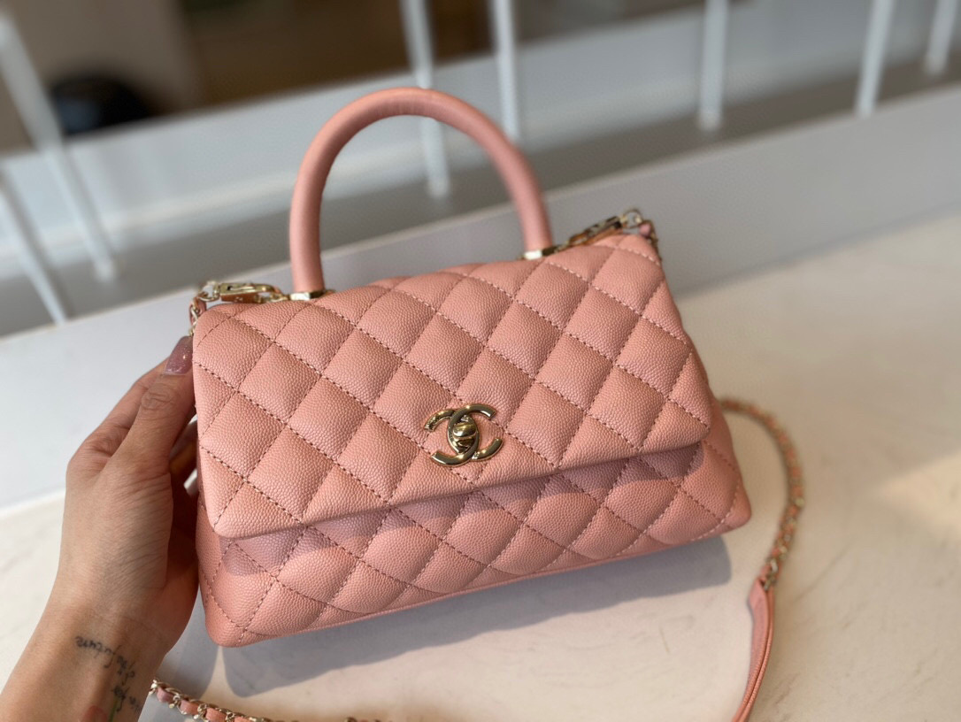 Ch**el mini coco handle bag grained leather pink a92990 23 cm