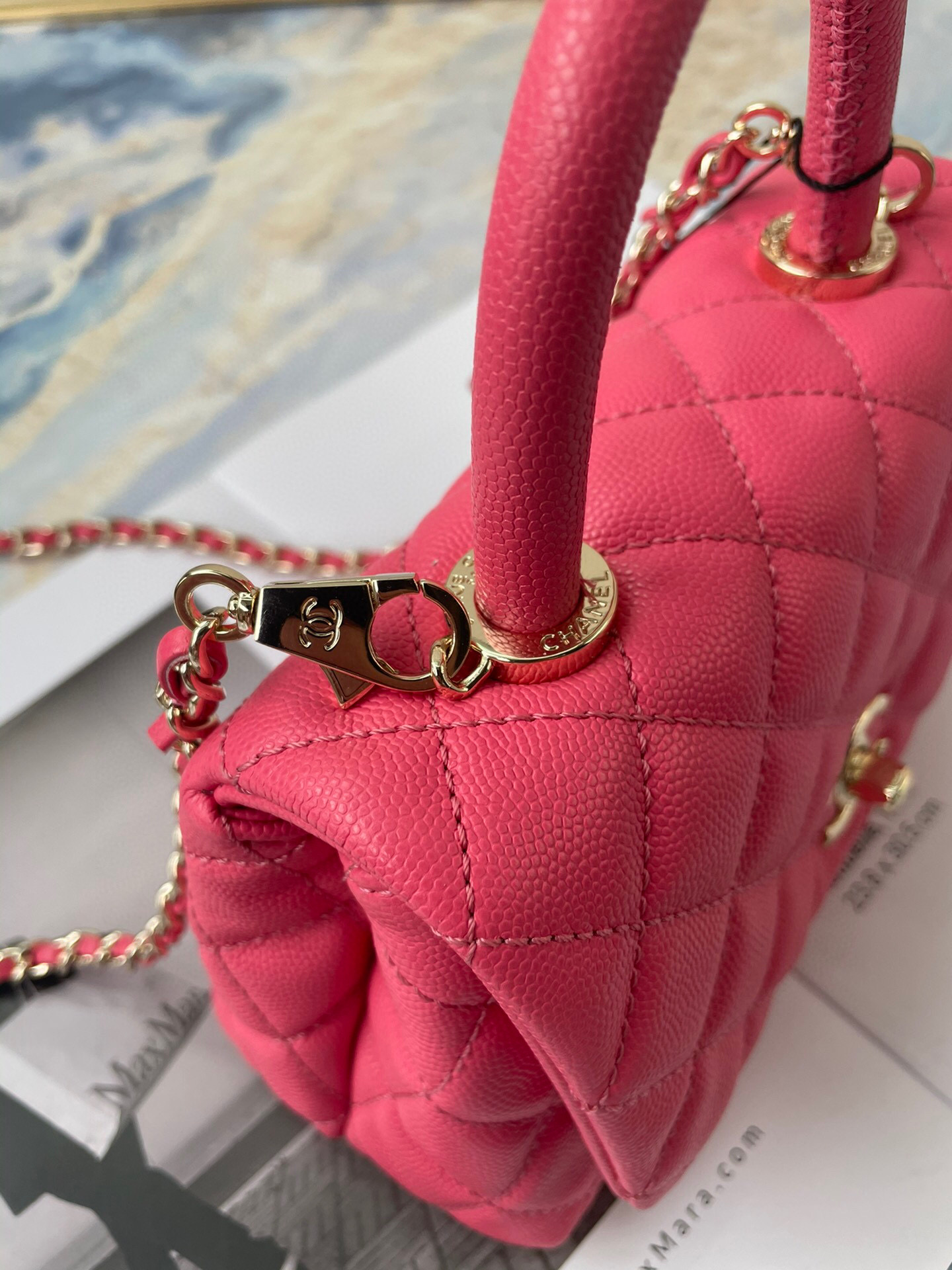 Ch**el extra mini coco handle bag grained leather dark pink as2215 13 × 19 × 9 cm