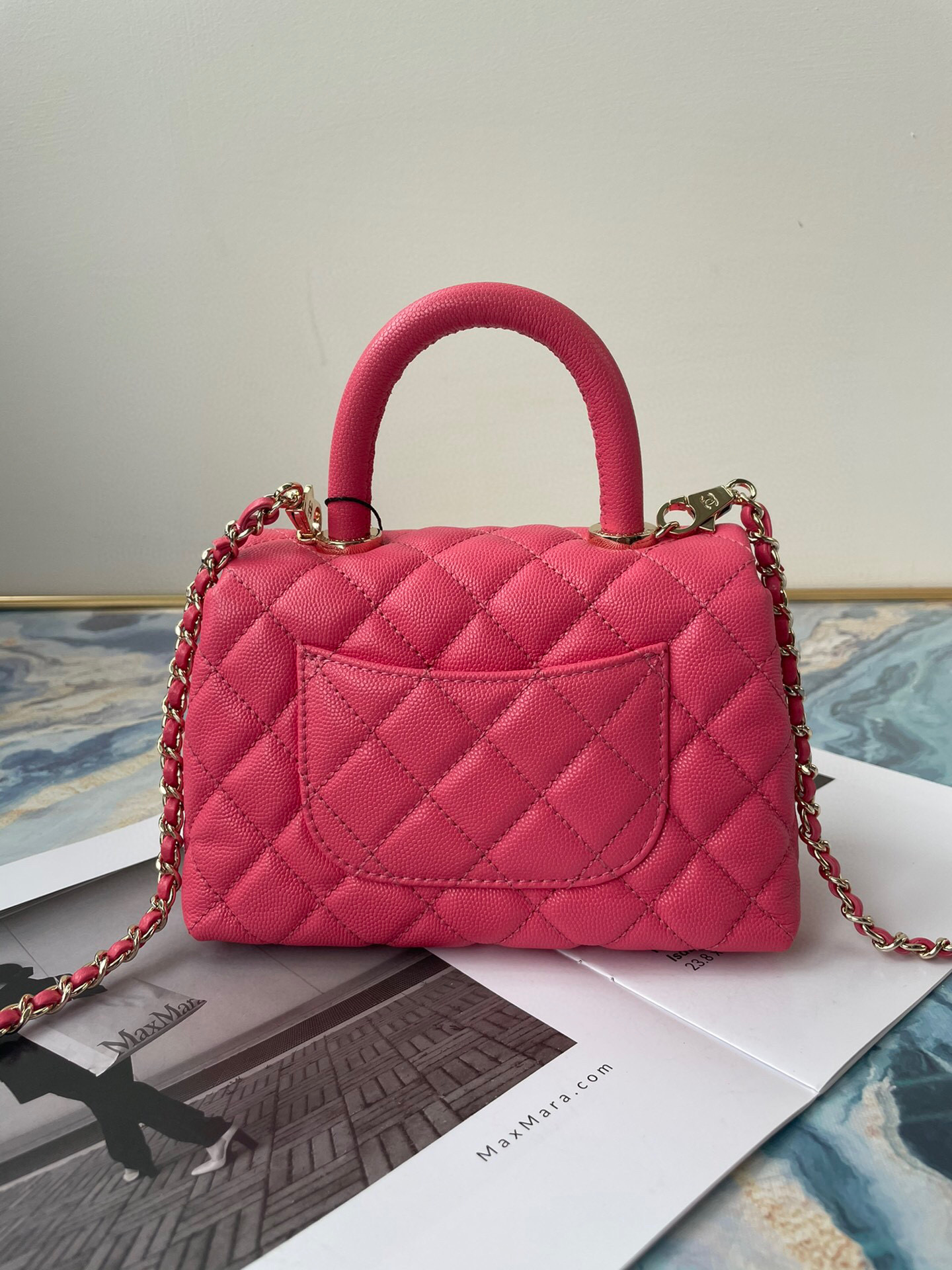 Ch**el extra mini coco handle bag grained leather dark pink as2215 13 × 19 × 9 cm