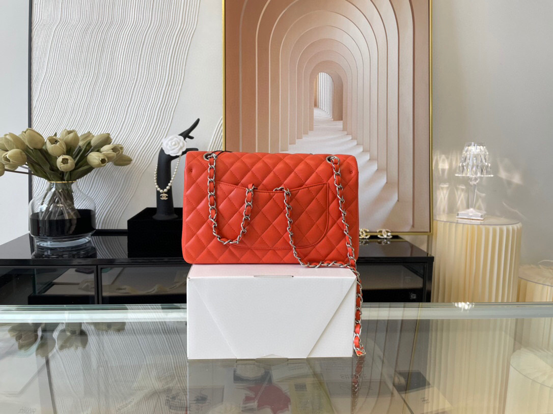 Ch**el classic double flap bag lambskin orange a01112 25.5 cm