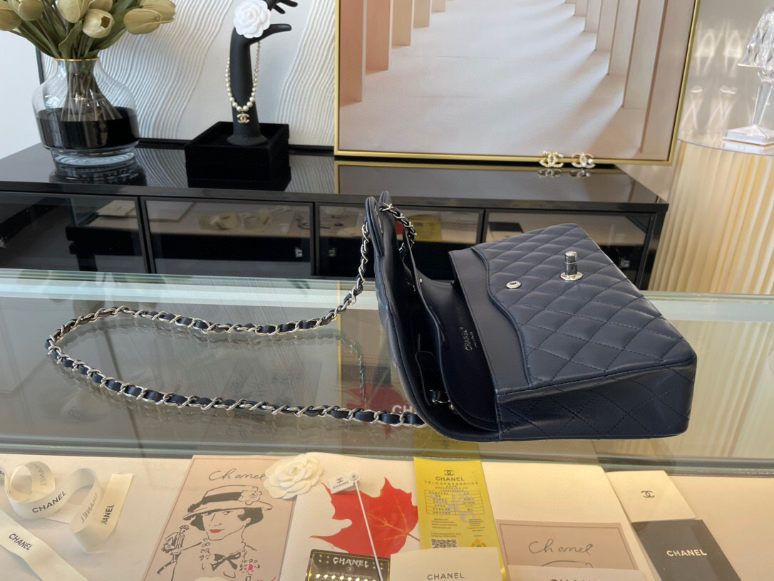 Ch**el classic flap bag black lambskin sliver chain a01112 25.5cm