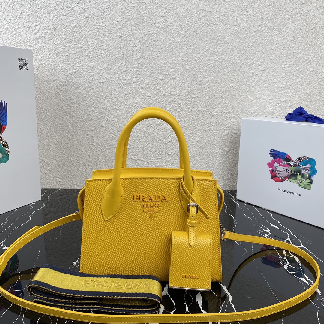 Pra*a saffiano leather monochrome bag yellow 1ba269 22 x 16.5 x 11.5 cm