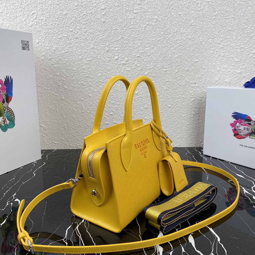 Pra*a saffiano leather monochrome bag yellow 1ba269 22 x 16.5 x 11.5 cm