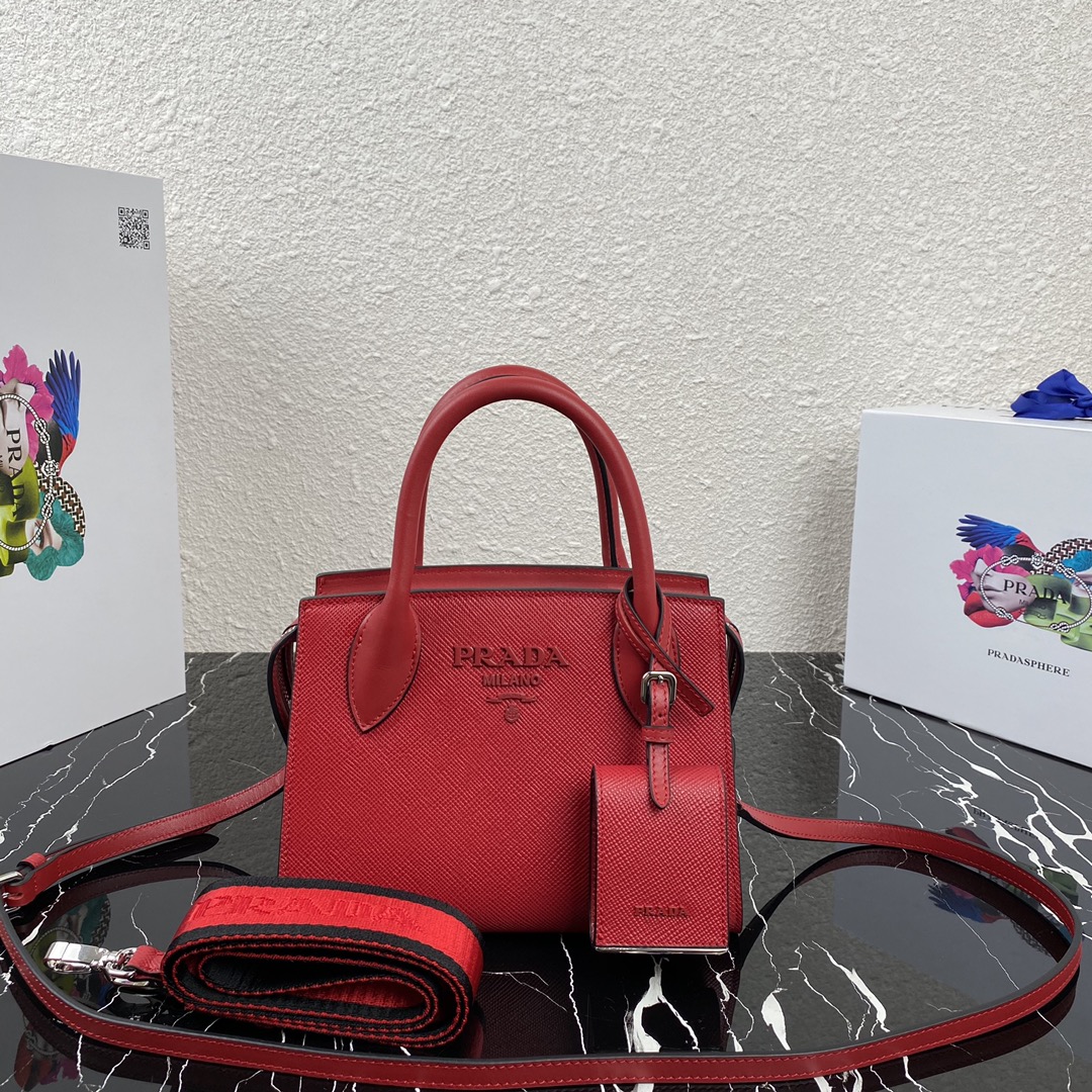 Pra*a saffiano leather monochrome bag fiery red 1ba269 22 x 16.5 x 11.5 cm