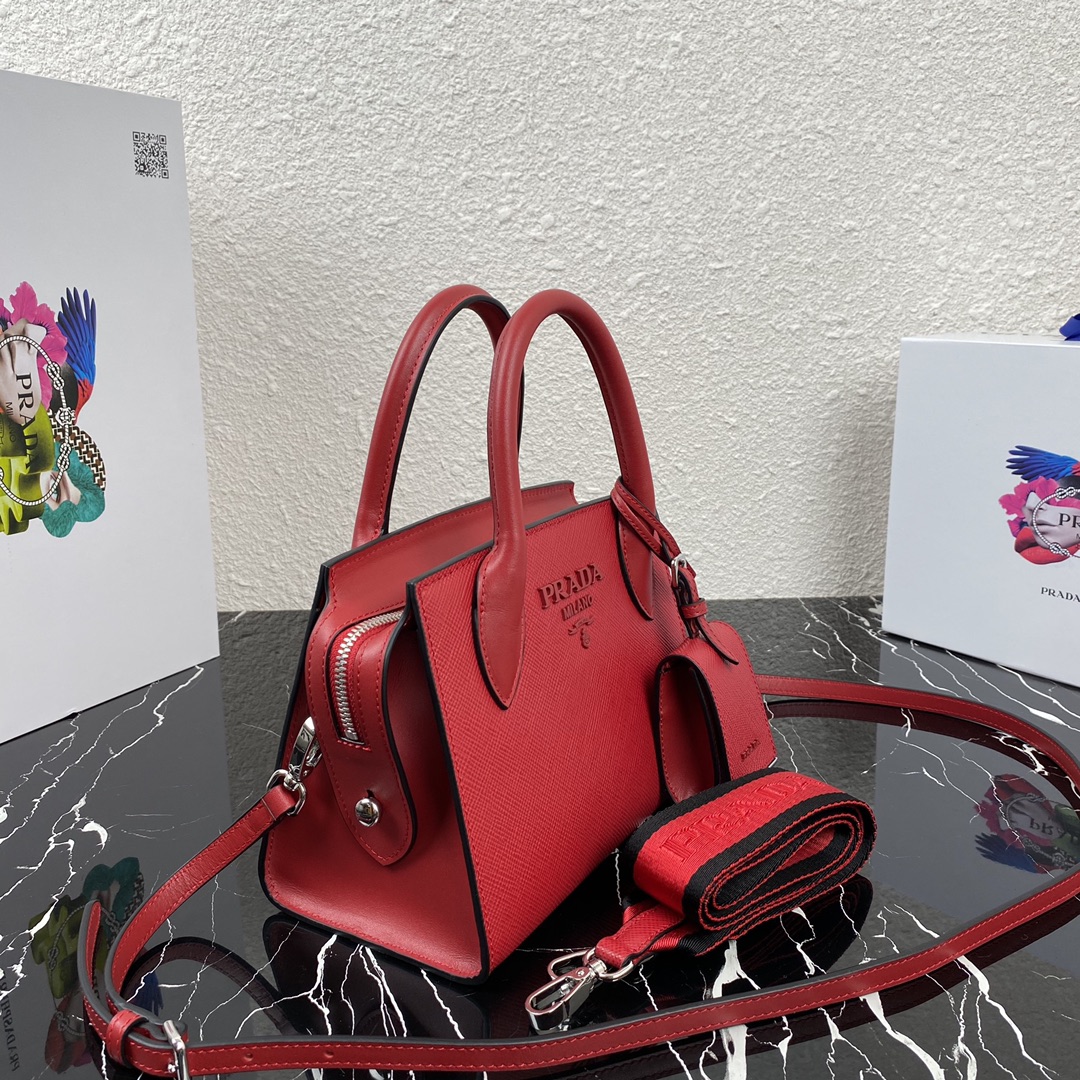 Pra*a saffiano leather monochrome bag fiery red 1ba269 22 x 16.5 x 11.5 cm