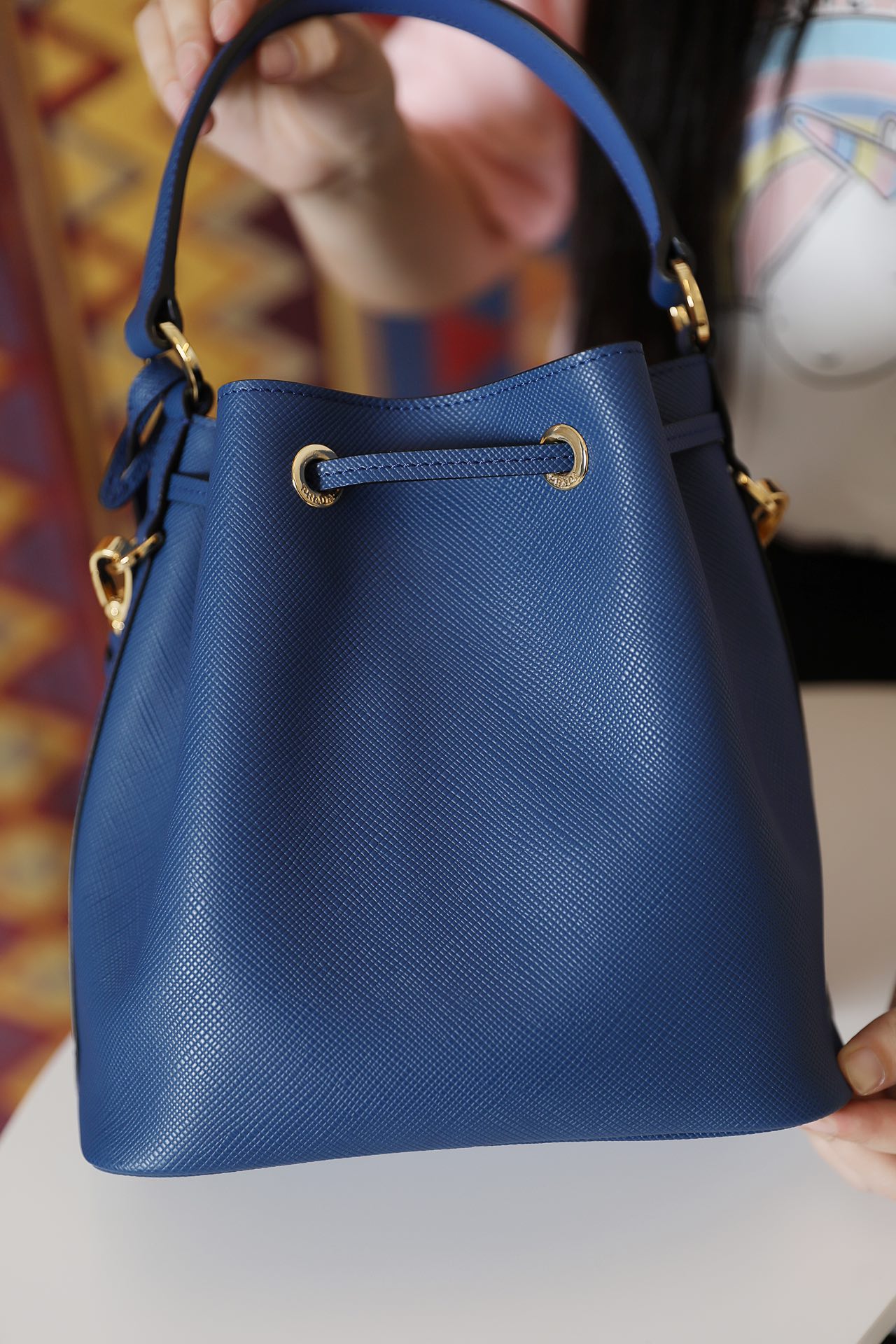 Pra*a saffiano leather bucket bag blue 1be032 22 × 22 × 14 cm