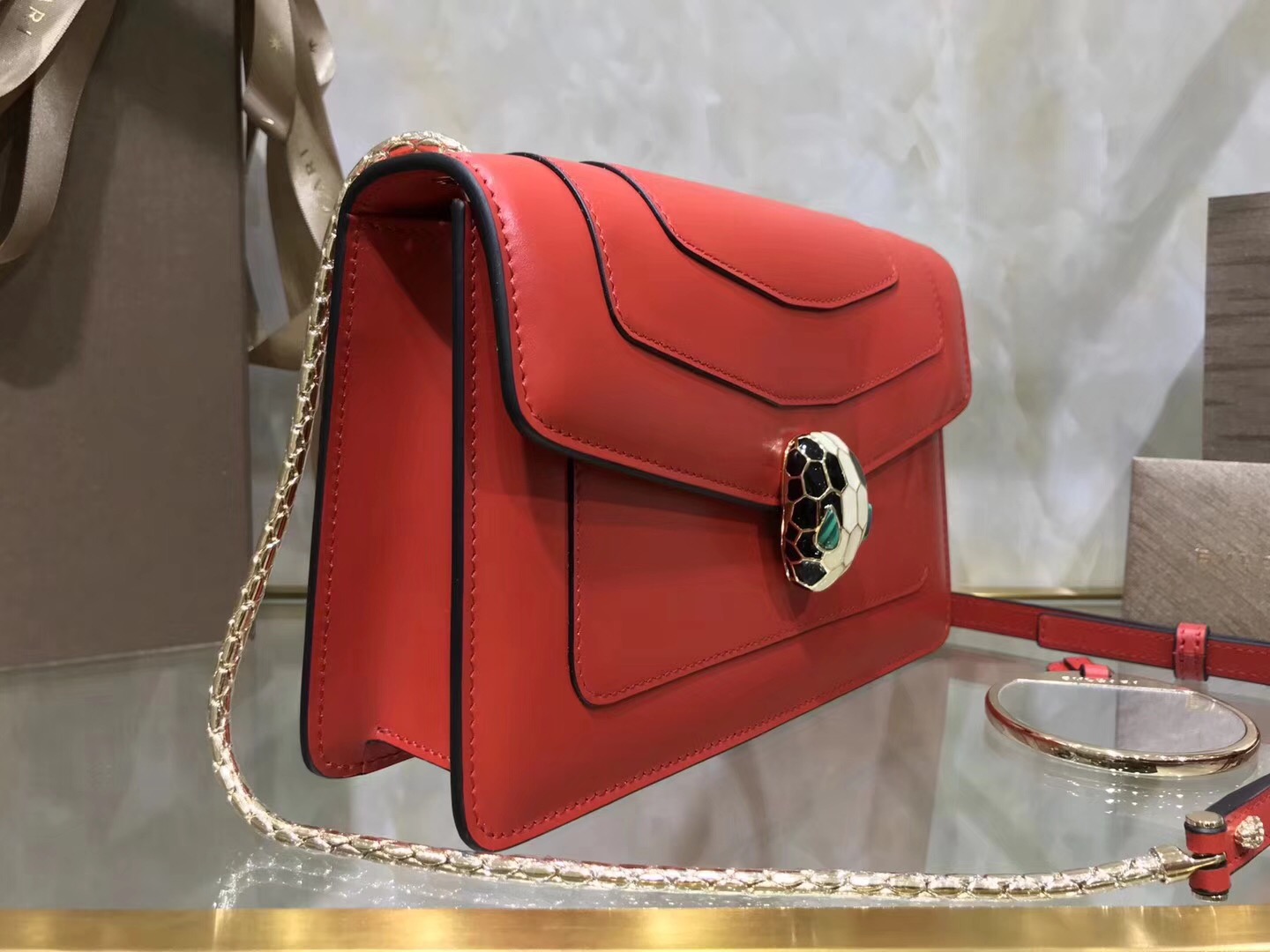 Bv1g*ai serpenti forever shoulder bag calfskin leater red 38102 22 x 13 x 6 cm