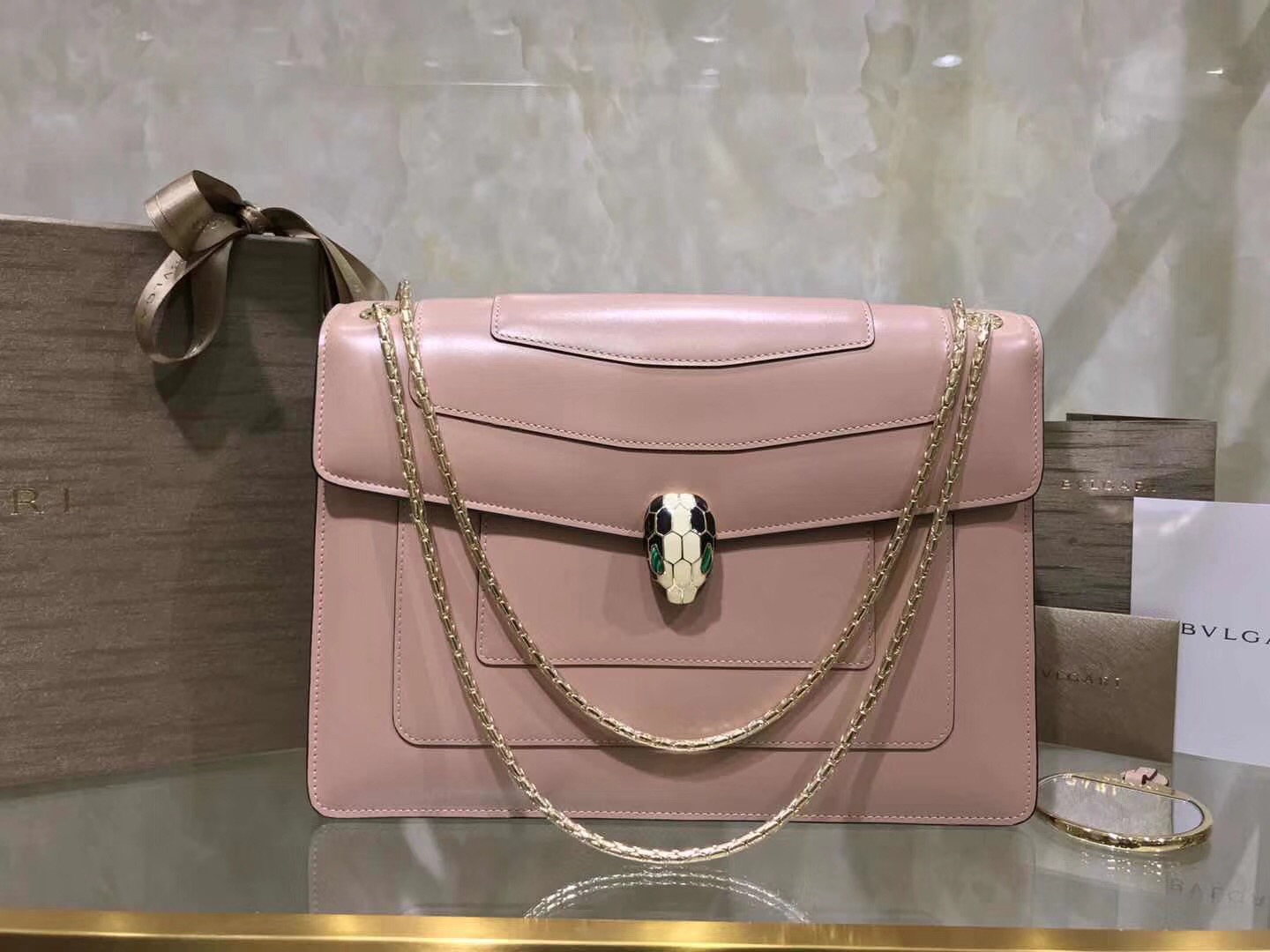 Bv1g*ai serpenti forever shoulder bag leather pink beige 280153 28 x 19 x 8 cm