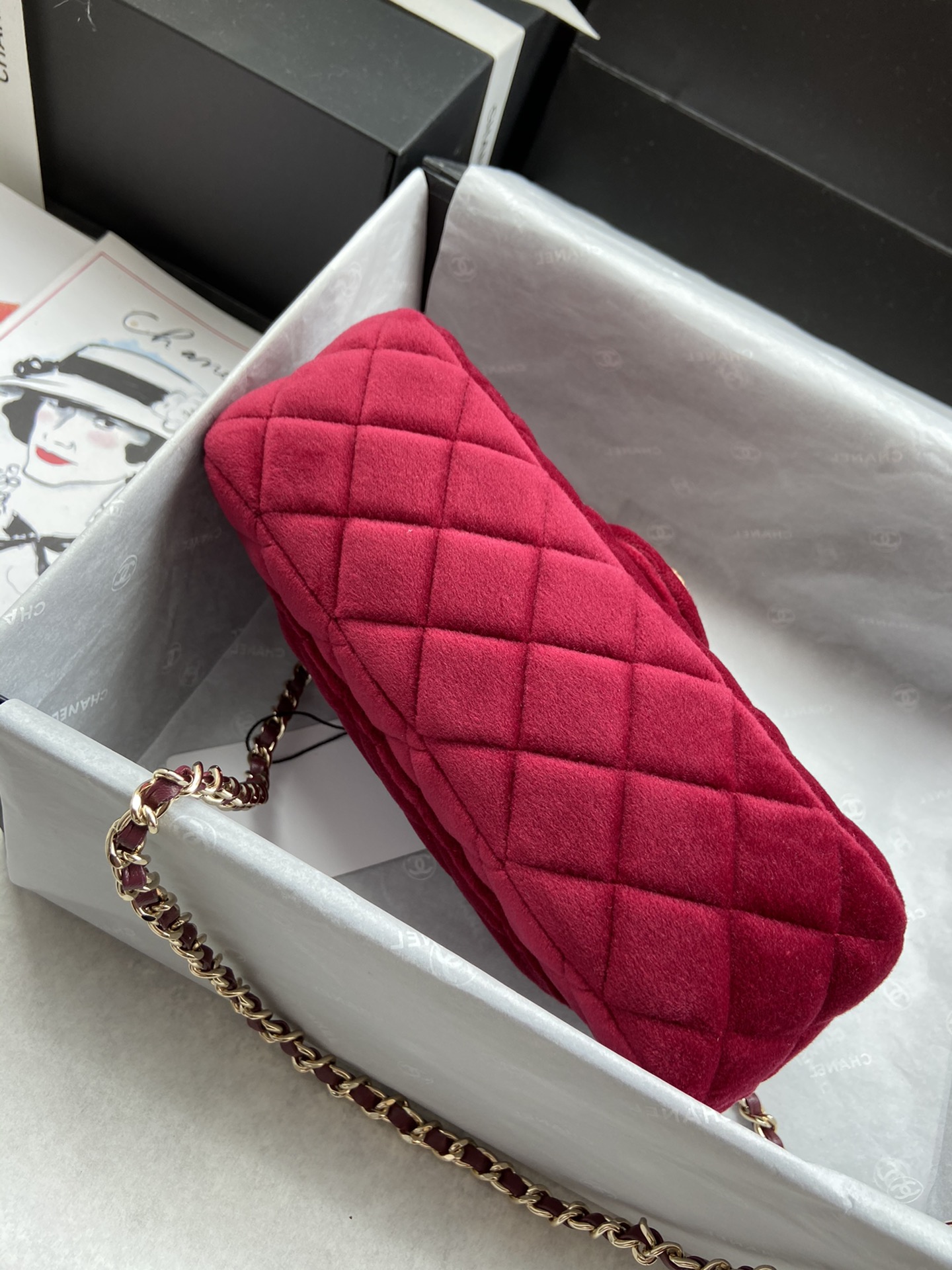 Ch**el charm strap flap bag velvet rubine as1787 20 cm
