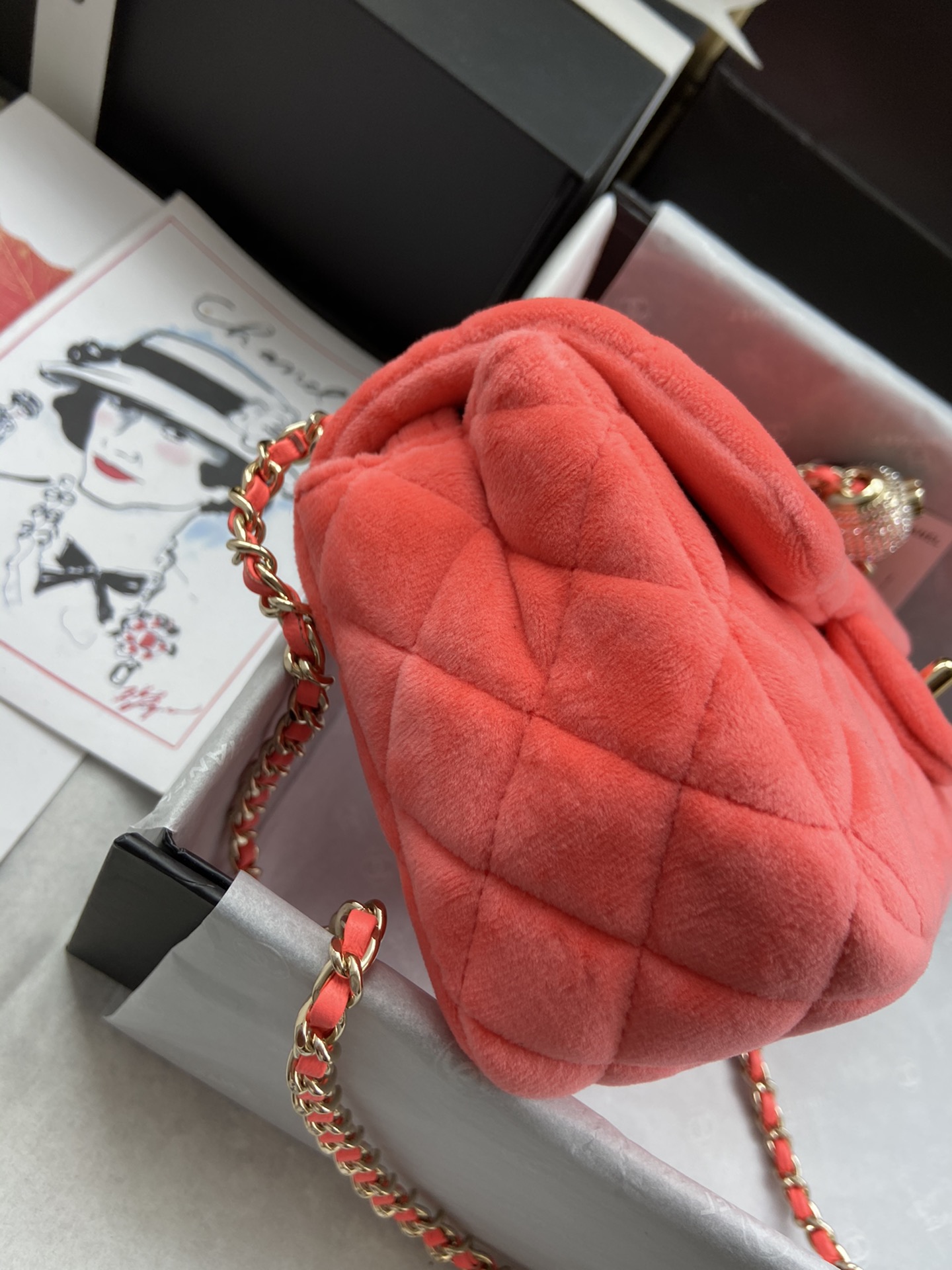 Ch**el charm strap flap bag velvet neon orange as1787 20 cm