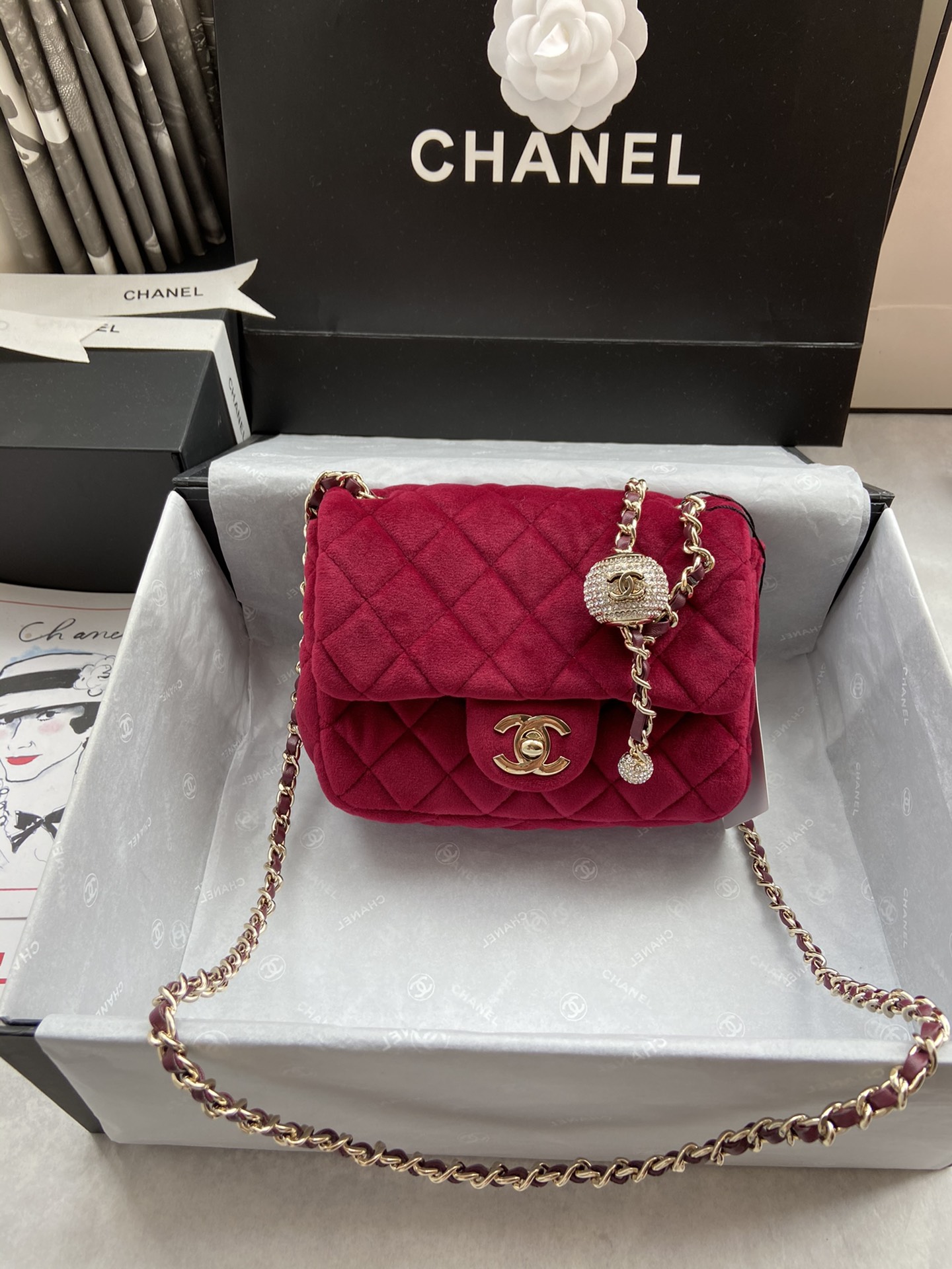 Ch**el small charm strap flap bag velvet rubine as1786 17 cm