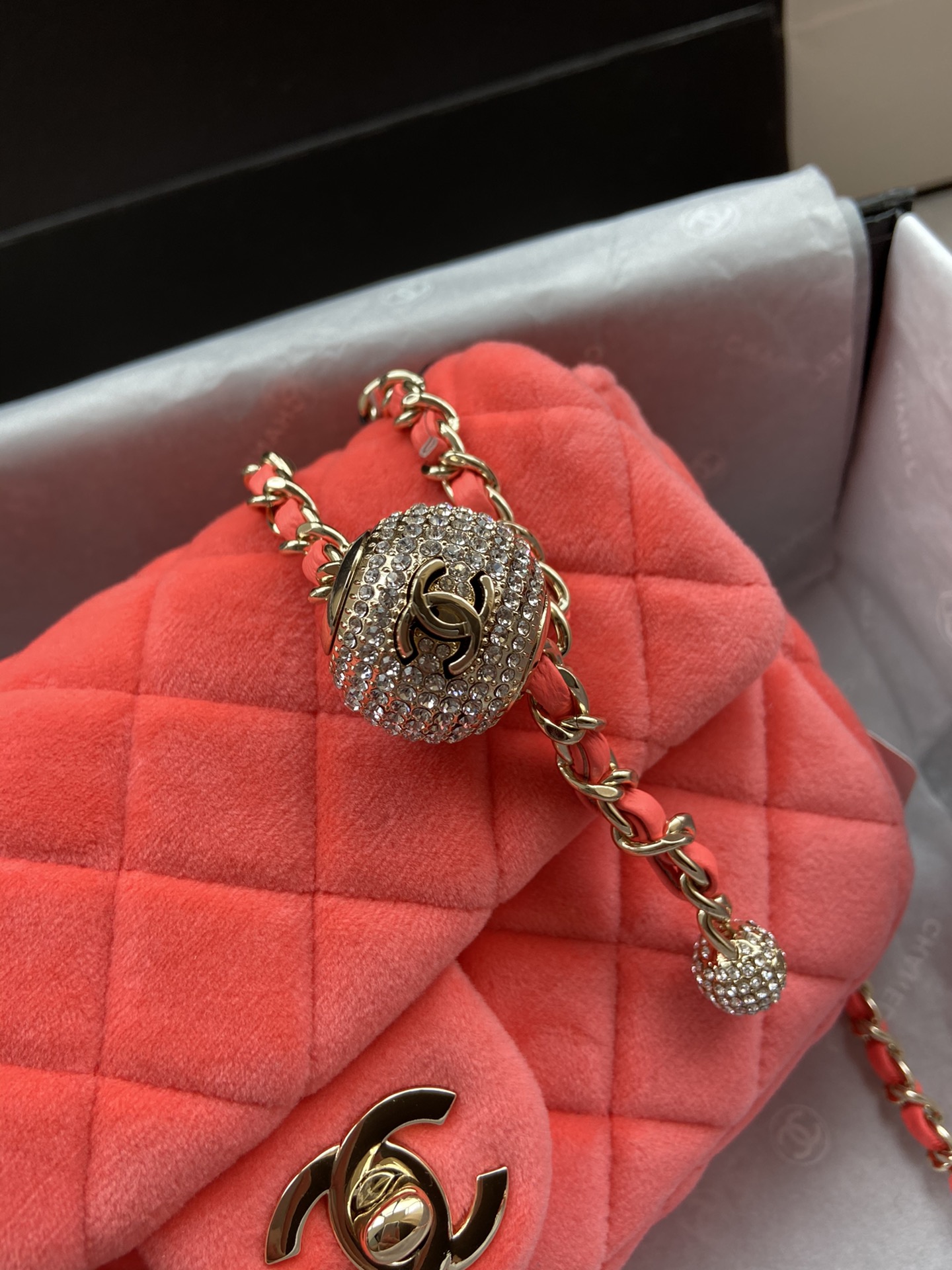 Ch**el small charm strap flap bag velvet neon orange as1786 17 cm