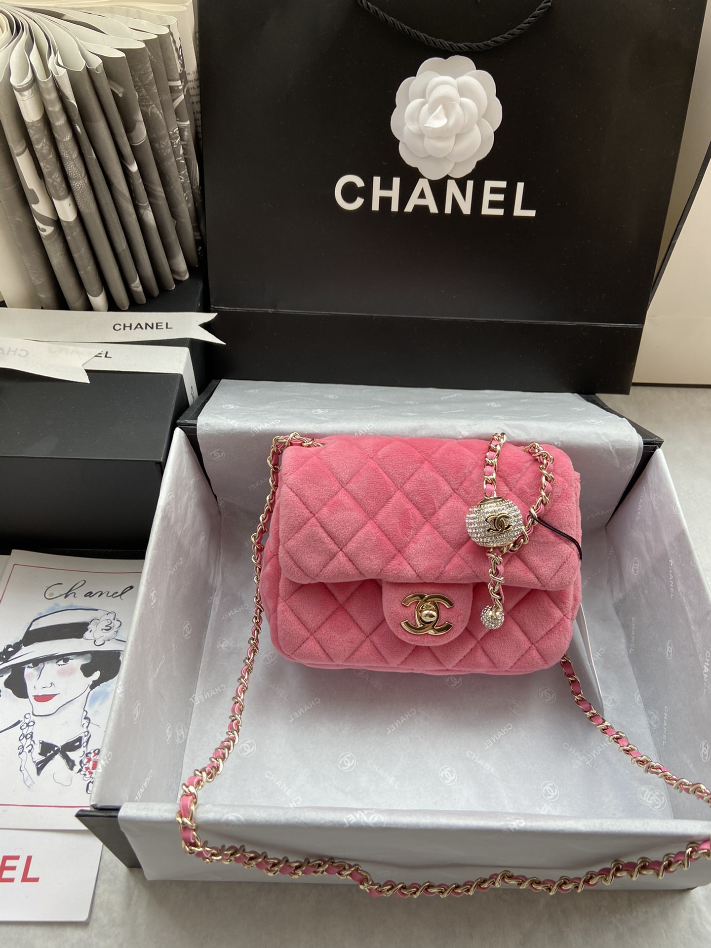 Ch**el small charm strap flap bag velvet pink as1786 17 cm