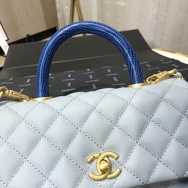 Ch**el mini coco grained calfskin with handle light blue a92990 23.5 x 13.75 x 9.75 cm