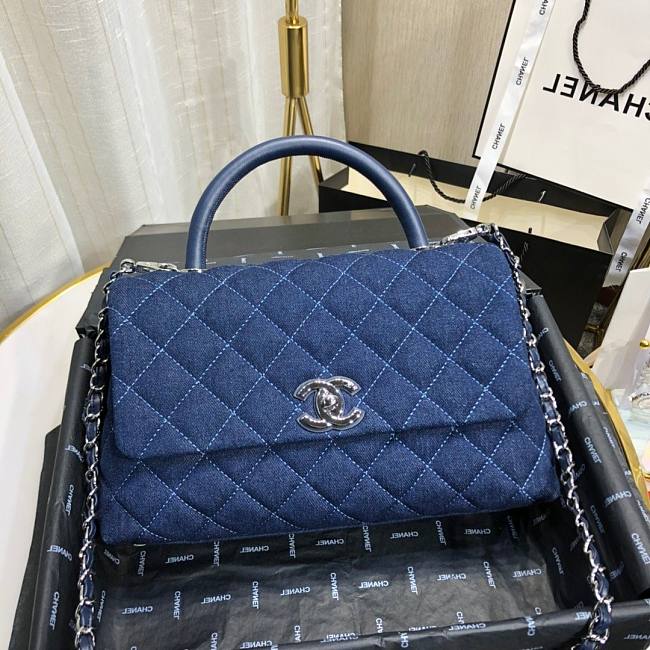 Ch**el small coco grained calfskin with top handle flap bag denim a92991 28.5 x 18.25 x 11.75 cm