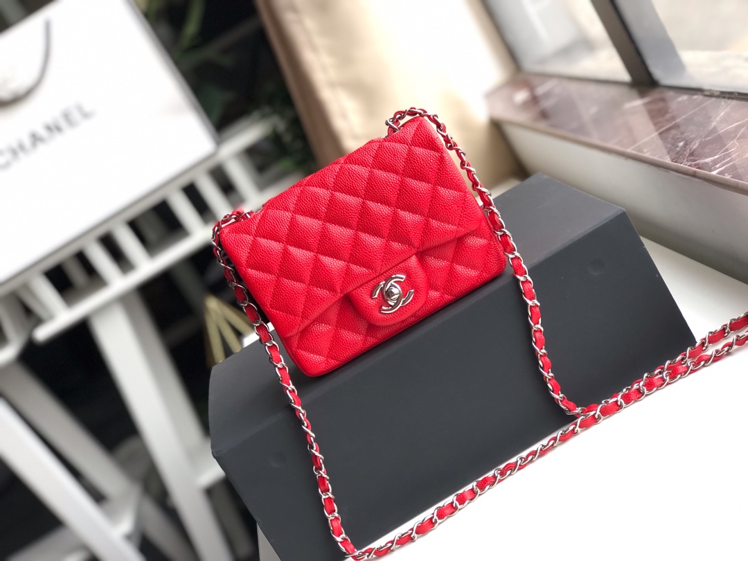 Ch**el mini flap bag caviar silver metal red a35200 17cm