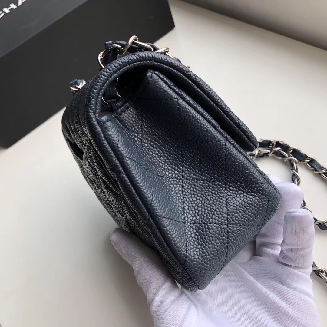 Ch**el mini flap bag caviar silver metal dark blue a35200 17cm