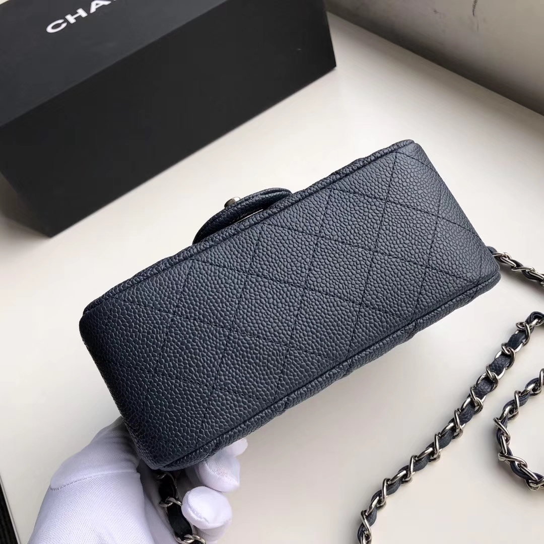 Ch**el mini flap bag caviar silver metal dark blue a35200 17cm
