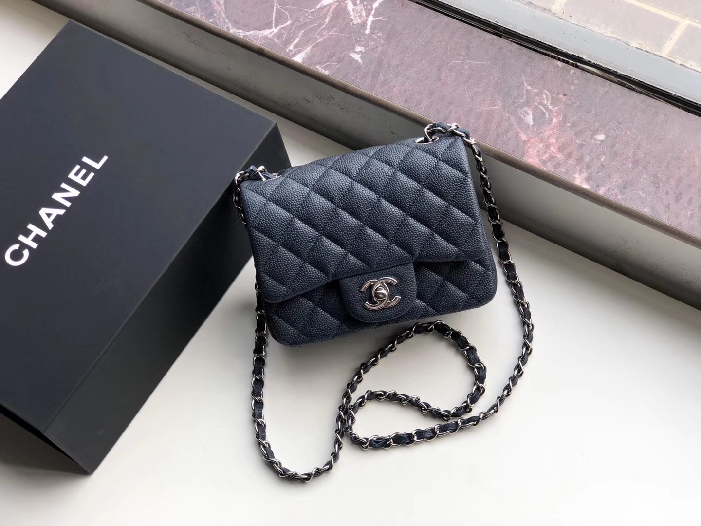 Ch**el mini flap bag caviar silver metal dark blue a35200 17cm