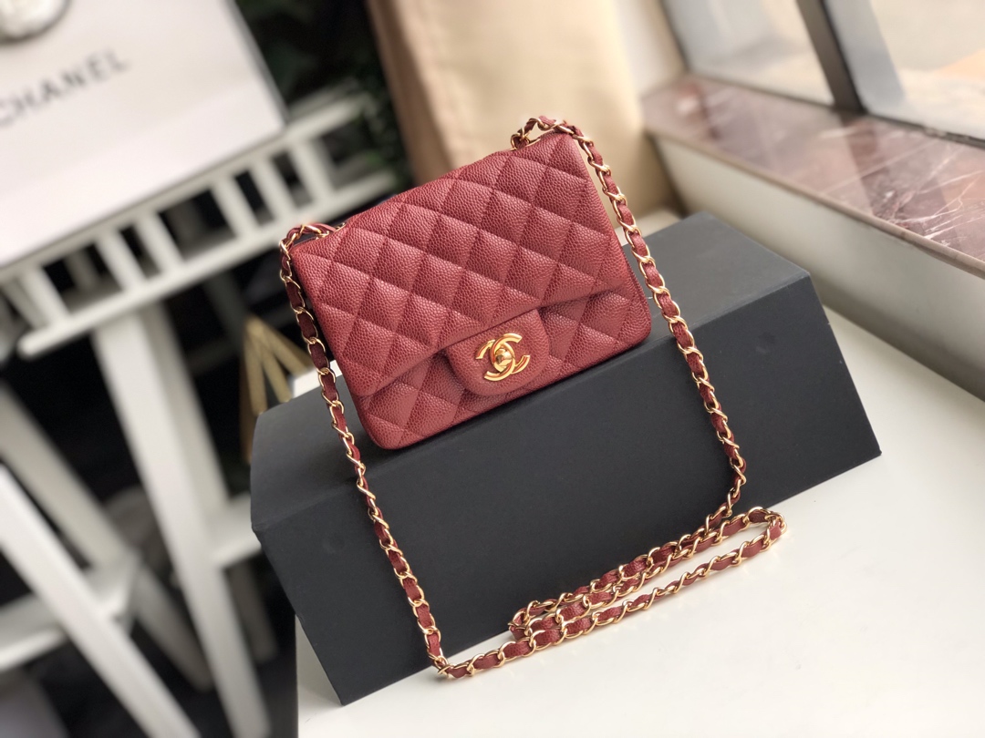 Ch**el mini flap bag caviar golden metal burgundy a35200 17cm