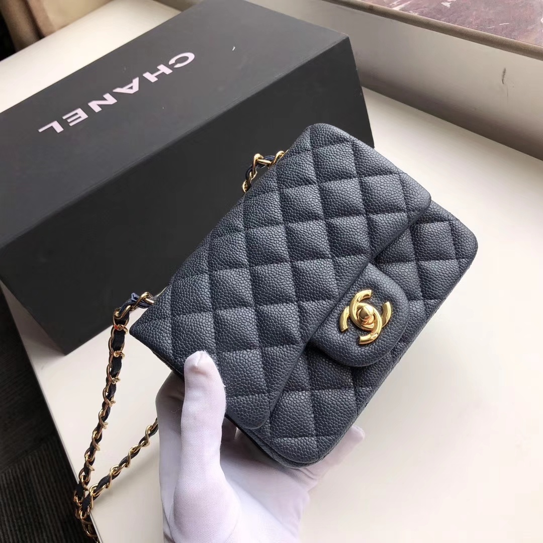 Ch**el mini flap bag caviar golden metal dark blue a35200 17cm