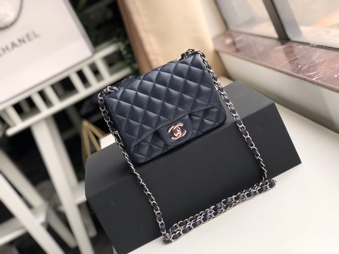 Ch**el mini flap bag lambskin silver metal dark blue a35200 17cm