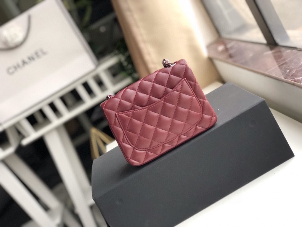 Ch**el mini flap bag lambskin silver metal burgundy a35200 17cm