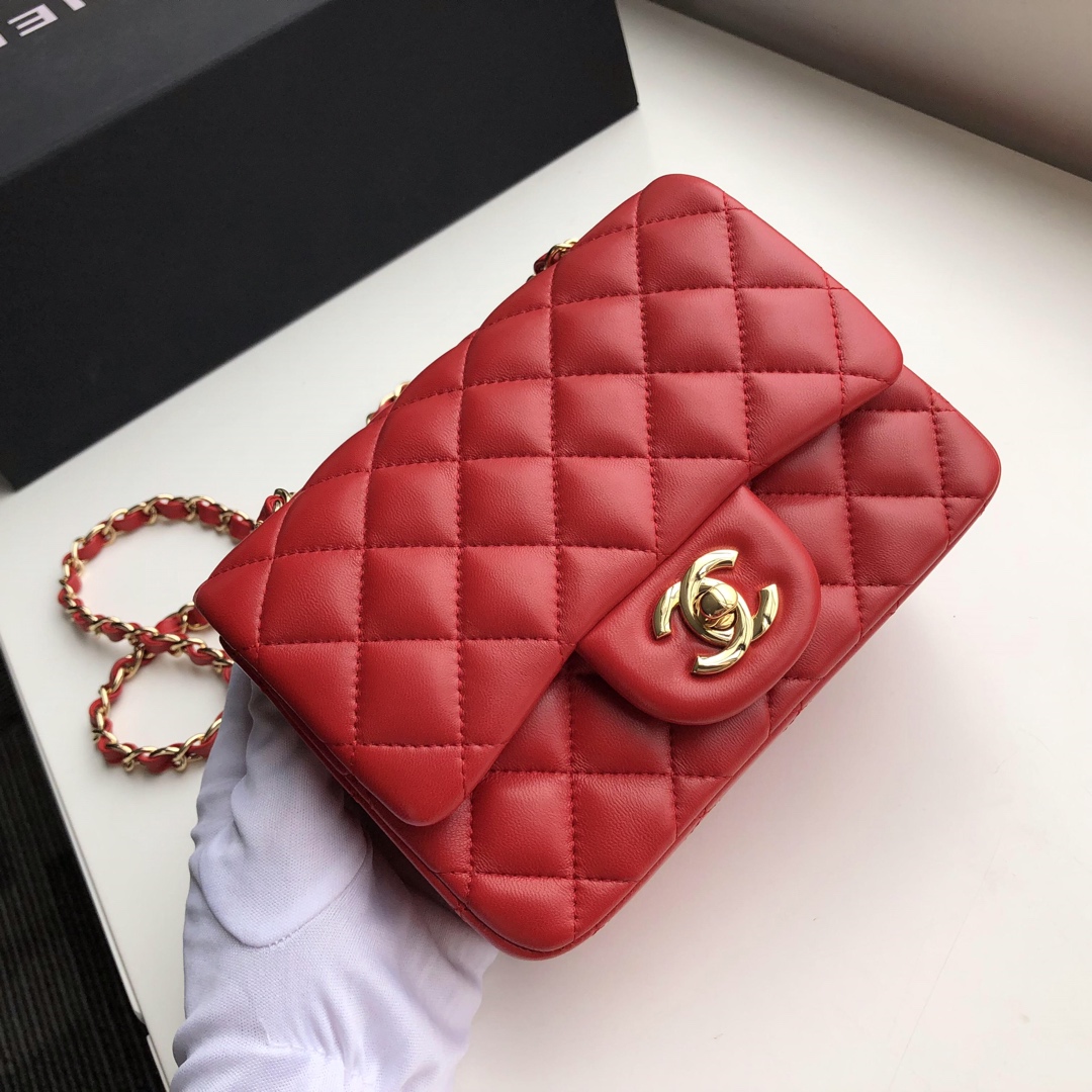Ch**el mini flap bag lambskin golden metal red a35200 17cm