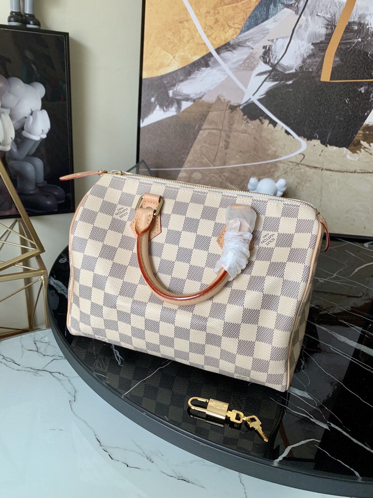 l0vis Vvtt0n speedy 25 damier azur canvas white n41371 25 x 19 x 15 cm