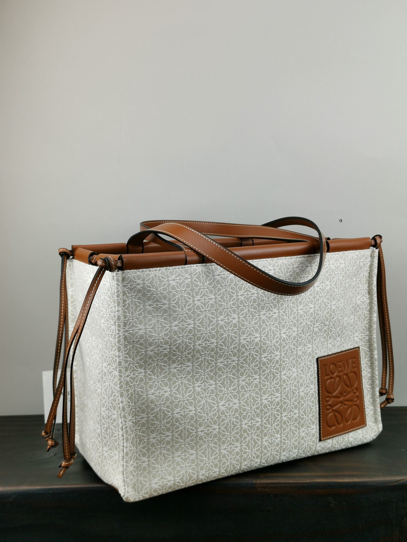 L0ew* large cushion tote anagram jacquard and calfskin light oat 35 x 27 x 19 cm