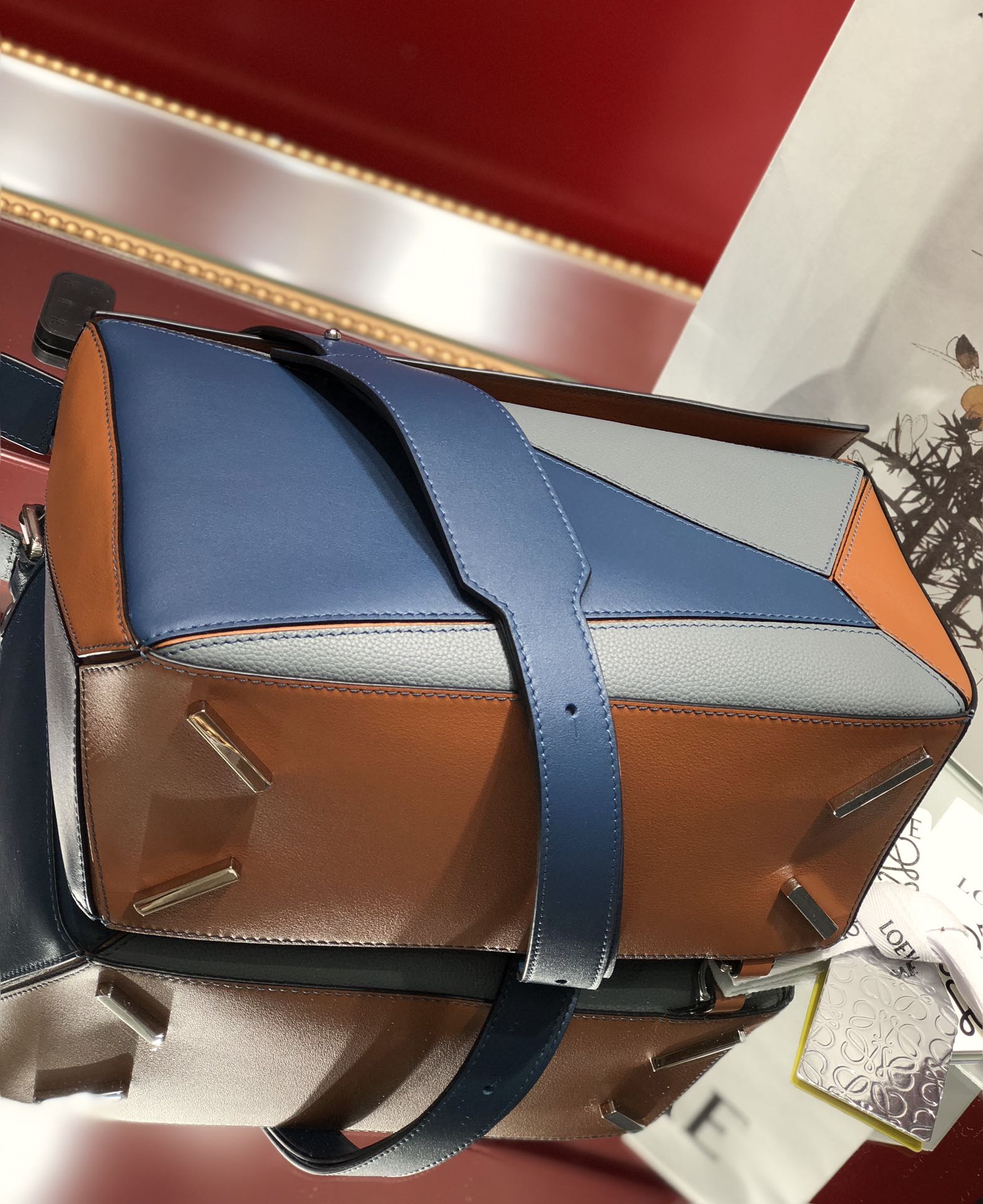 L0ew* medium puzzle bag classic calfskin palladium metal blue/orange a510s20x08 29 x 18 x 12 cm