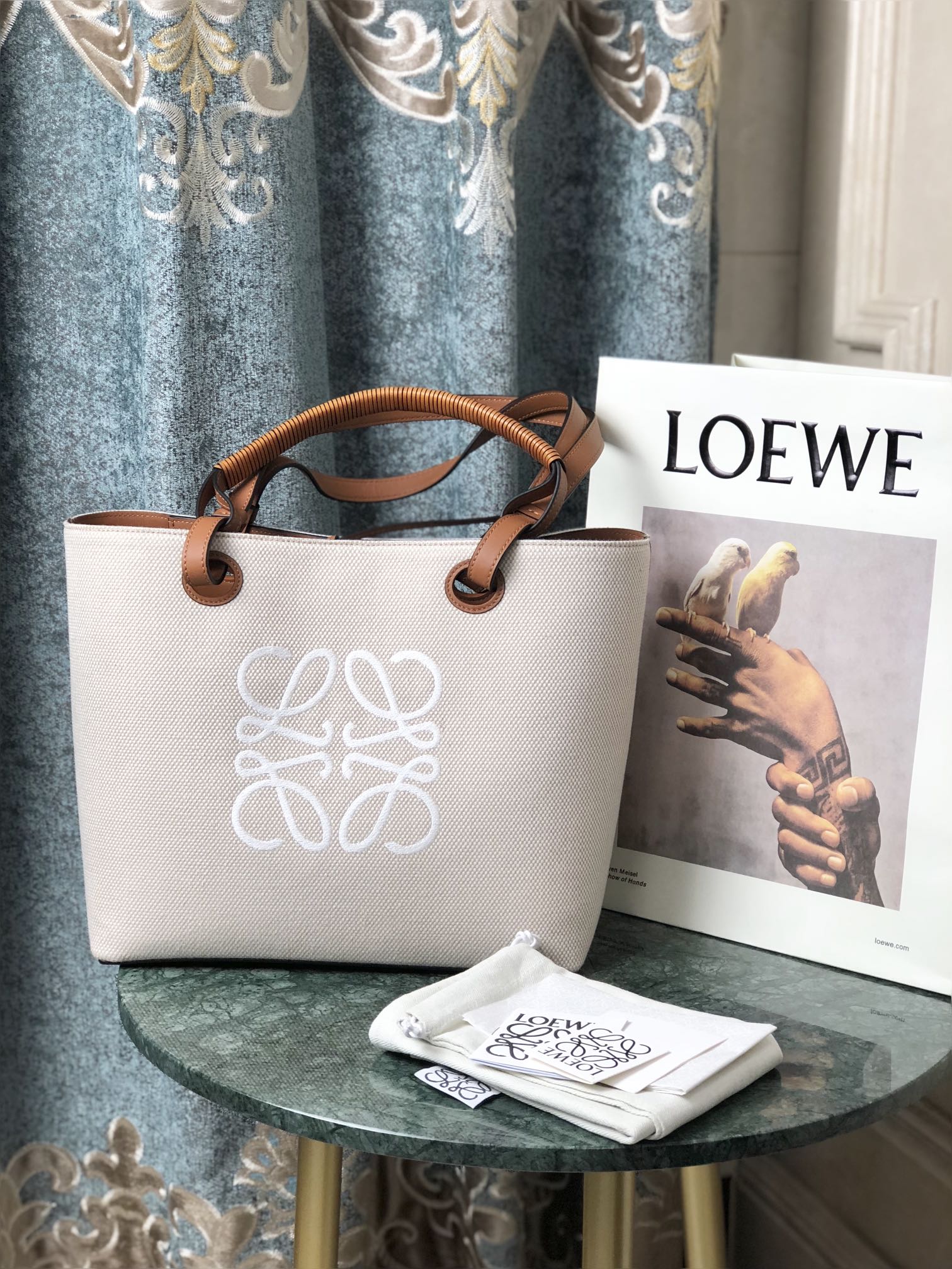 L0ew* small anagram tote jacquard and calfskin ecru/tan a717s72x06 29 x 14 x 25 cm