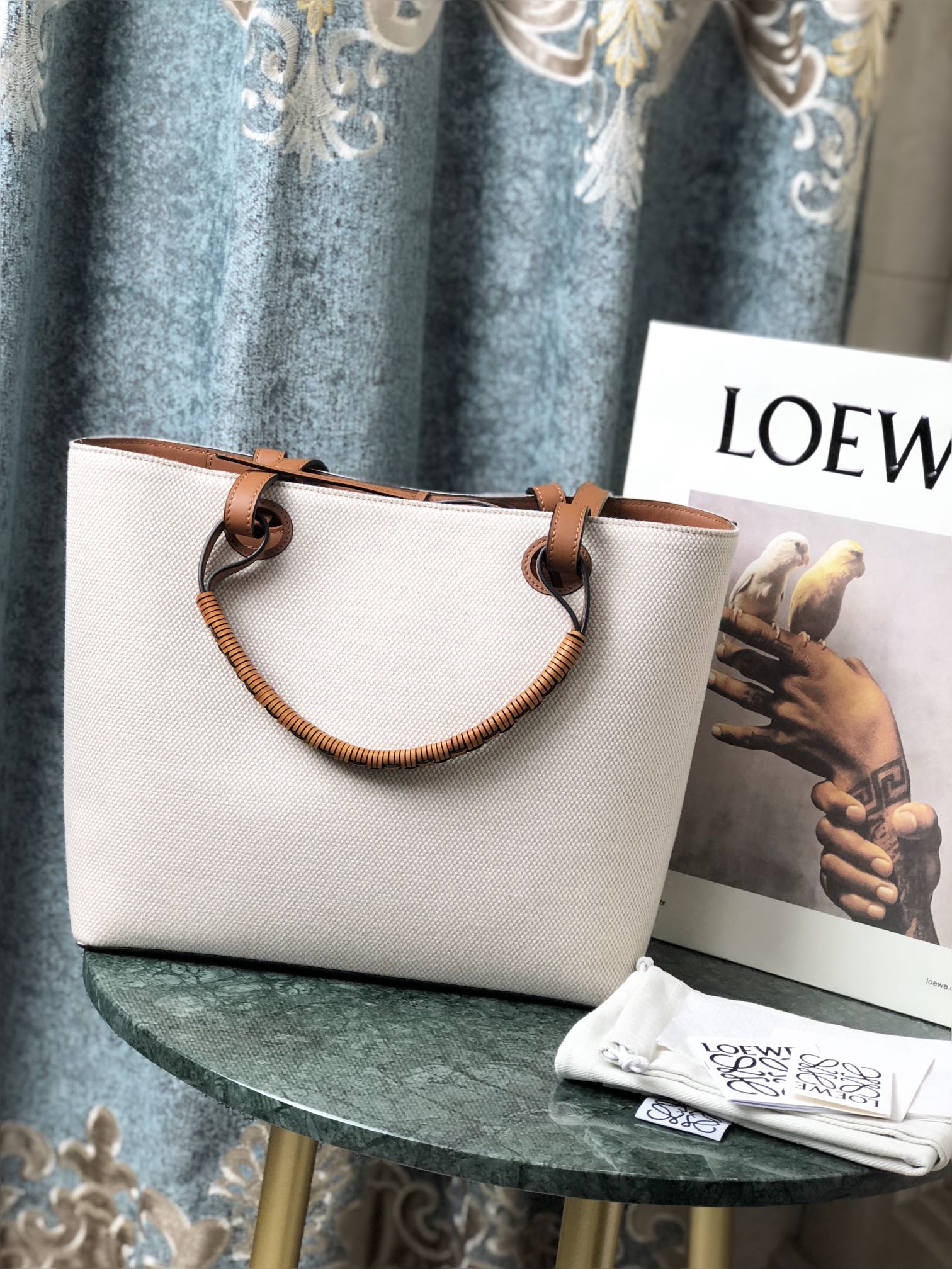 L0ew* small anagram tote jacquard and calfskin ecru/tan a717s72x06 29 x 14 x 25 cm