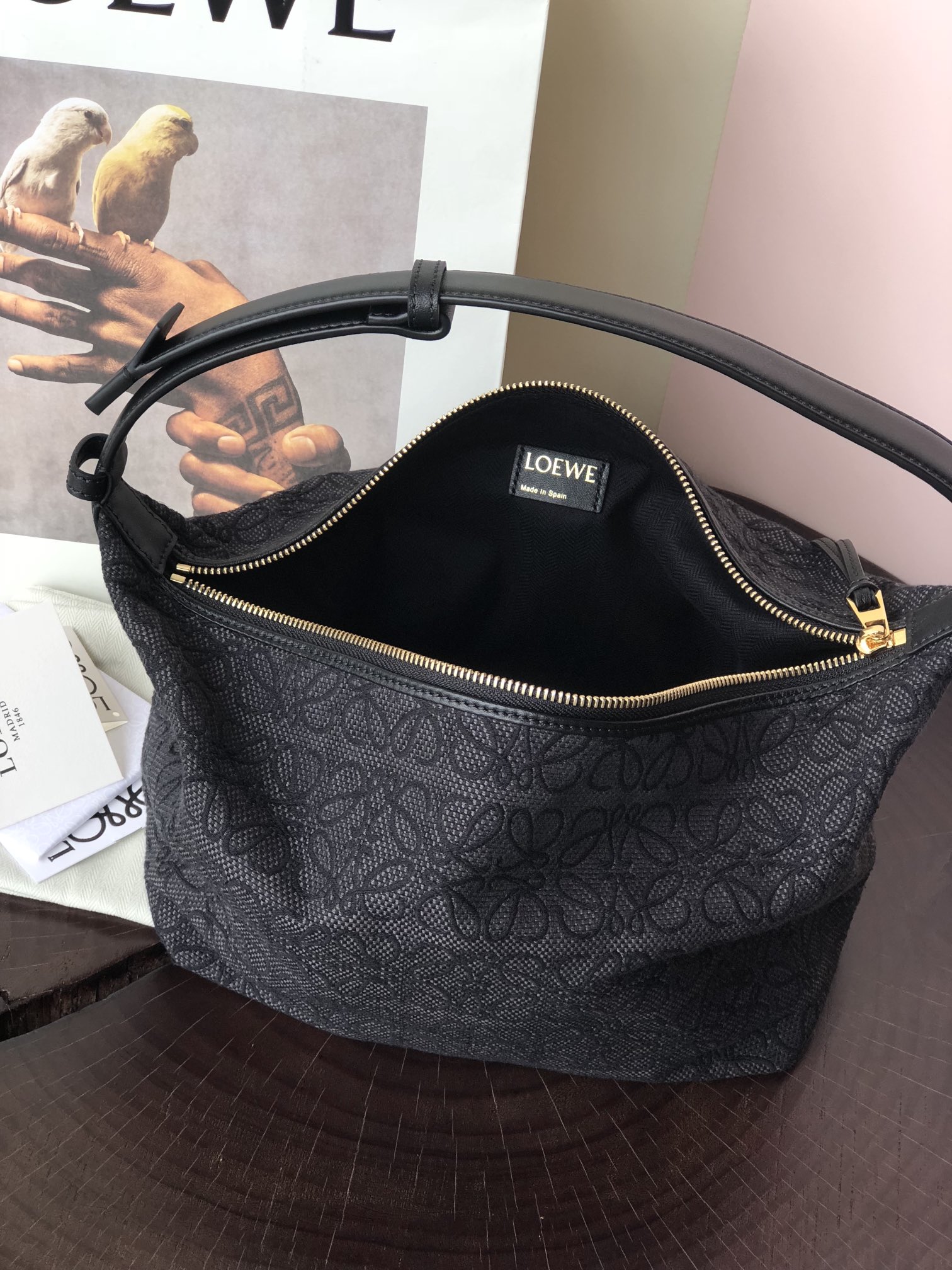 L0ew* medium cubi bag anagram jacquard and calfskin black a906k68x04 25 x 21 x 16.5 cm