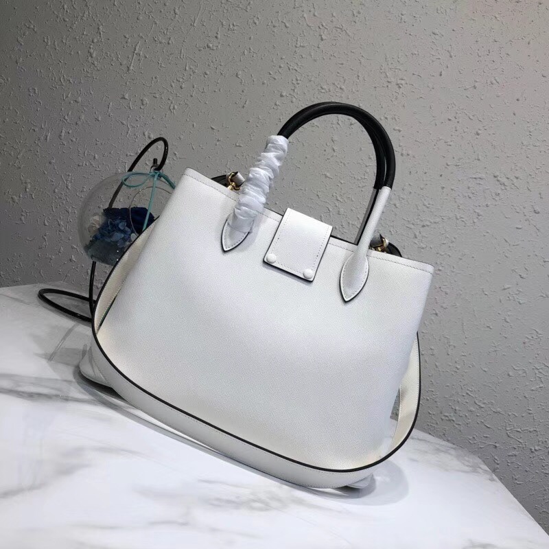 Pra*a top handle tote bag leather white/black 1bg148 33 × 24 × 14.5 cm