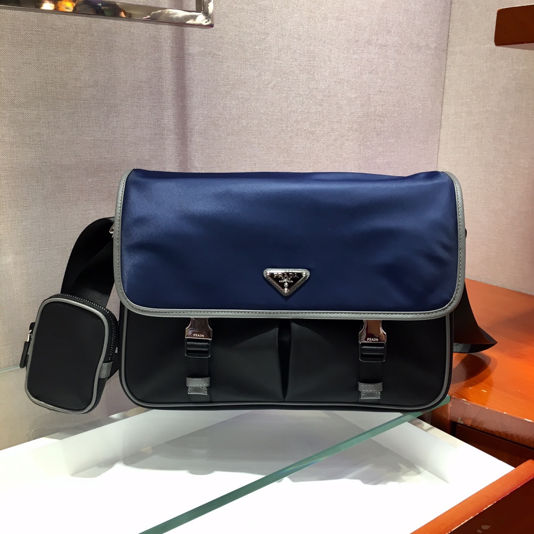 Pra*a re-nylon and saffiano leather shoulder bag blue 2vd768 32 x 24 x 12 cm