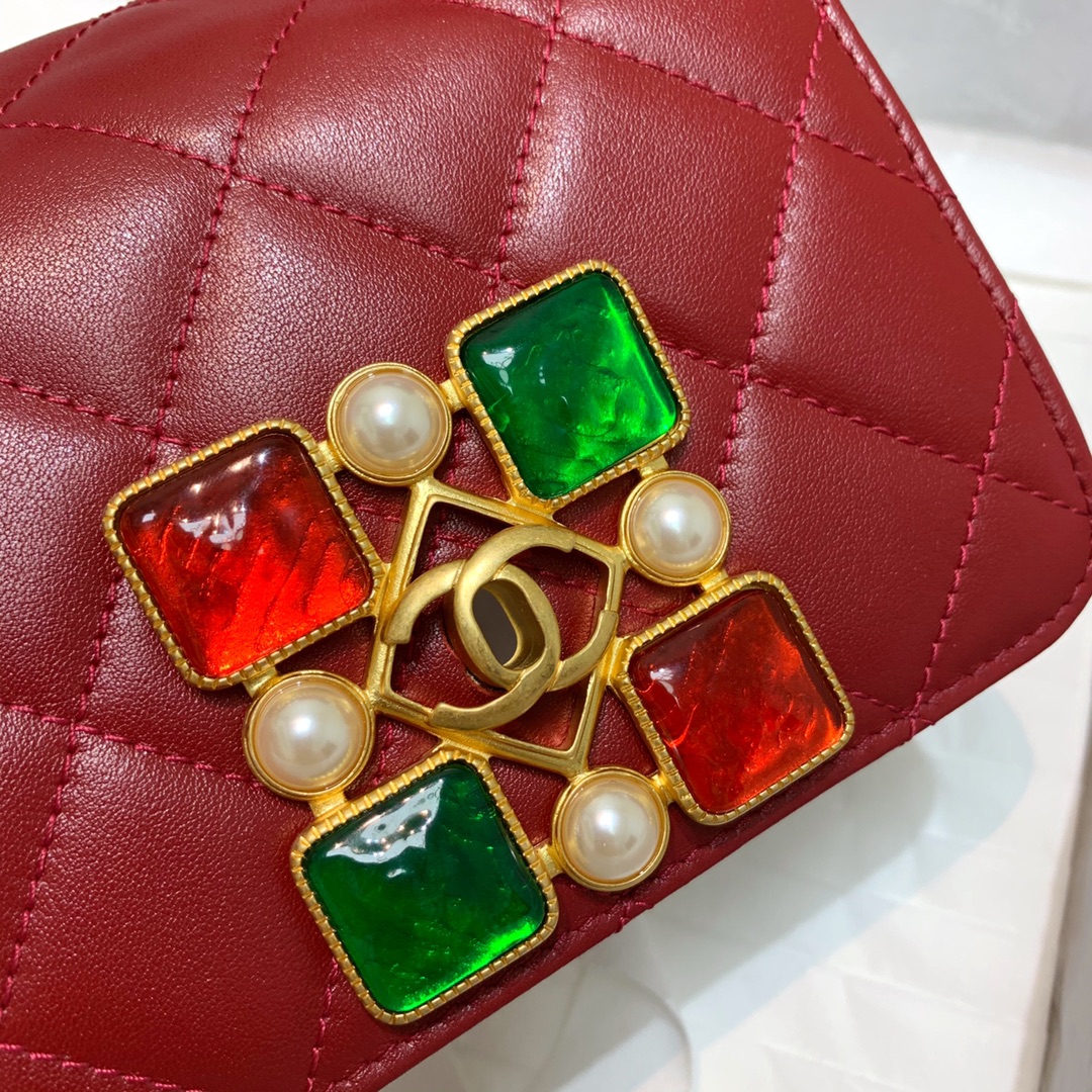 Ch**el small calfskin crystal pearls flap bag red as2251 14.5 x 5 x 10.5 cm